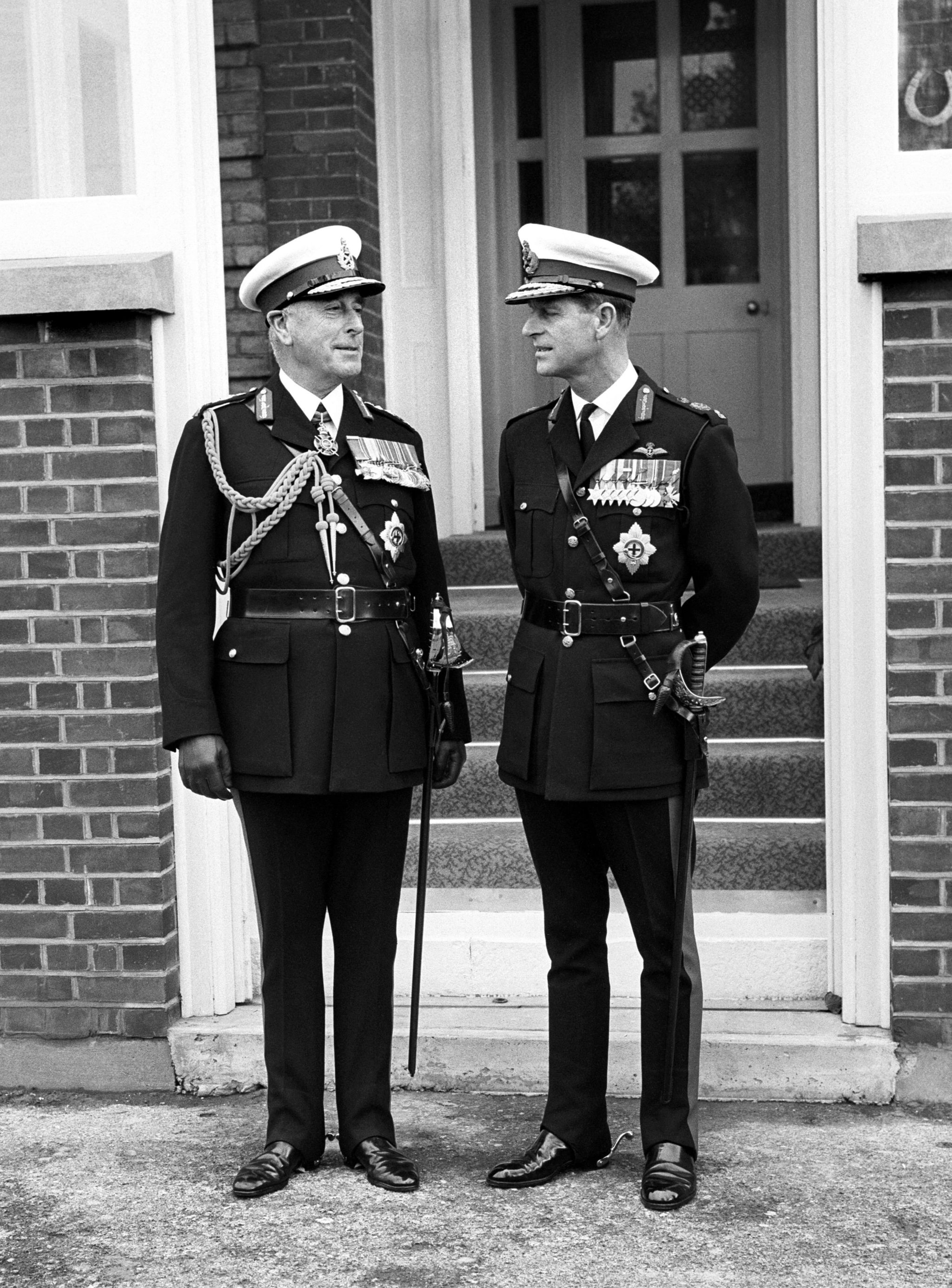 Prince Philip with his uncle, Admiral of the Fleet, Earl Mountbatten of Burma at the Royal Marines Barracks in Eastney near Portsmouth in 1965