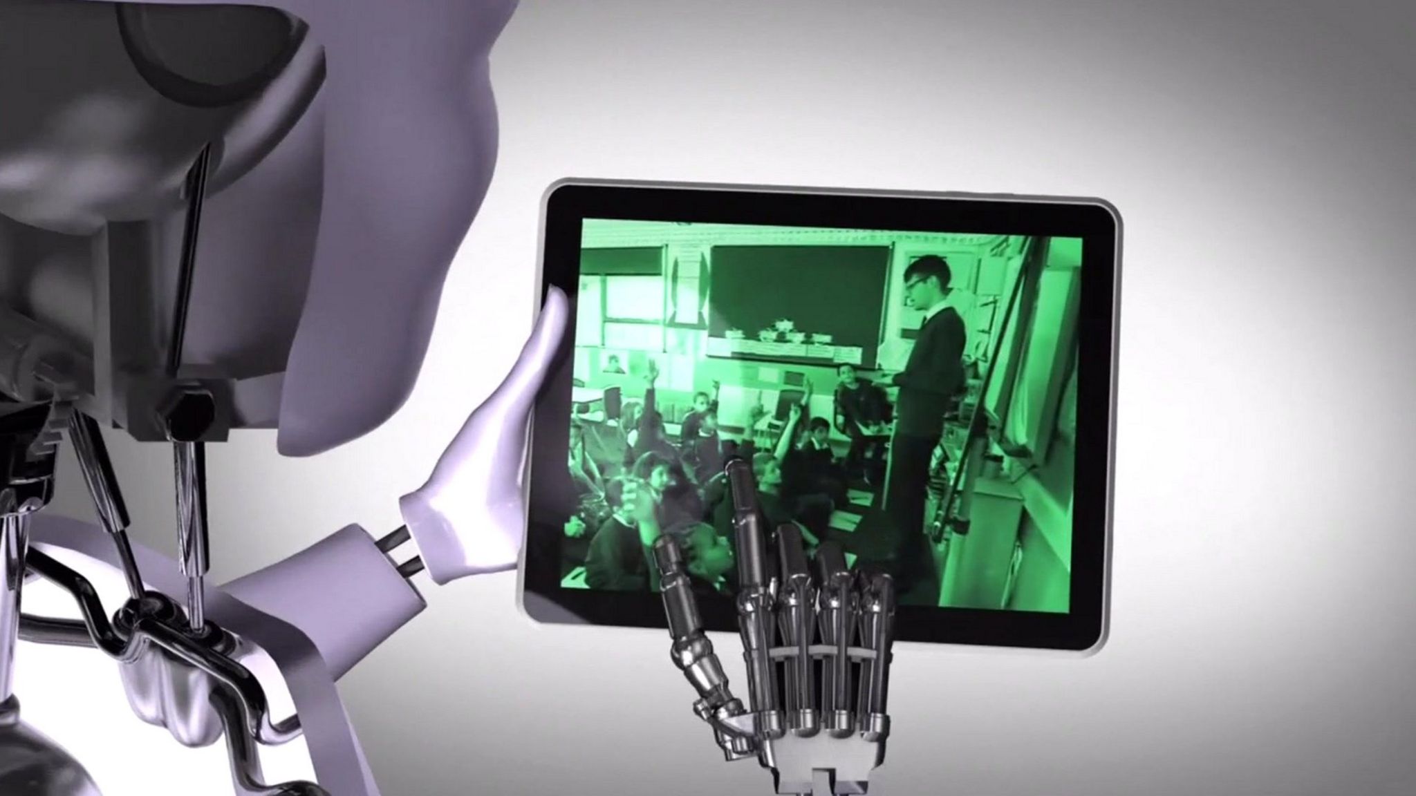 graphic of robot looking at tablet screen