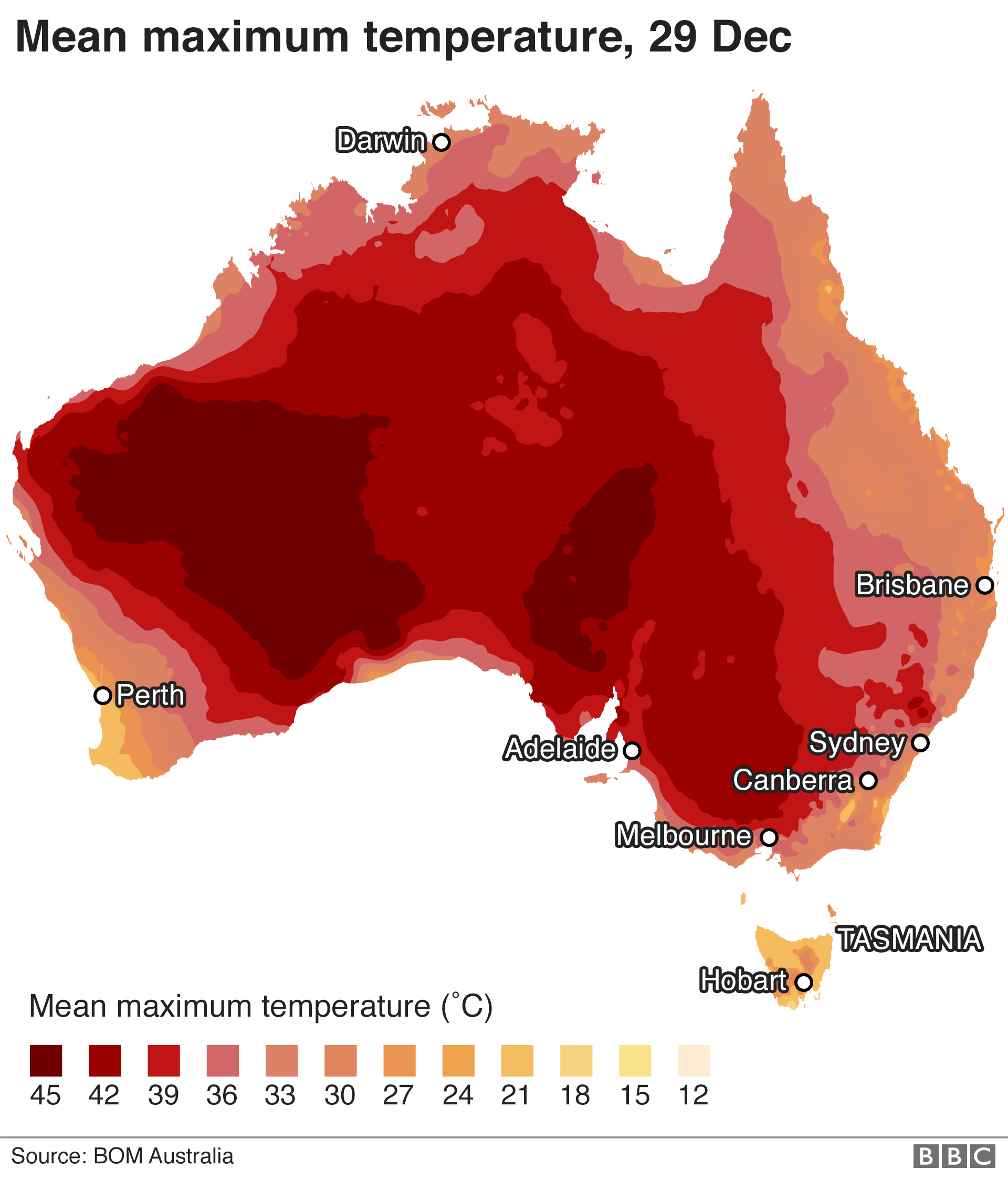 Map showing mean maximum temperatures across Australia for 29 December 2019