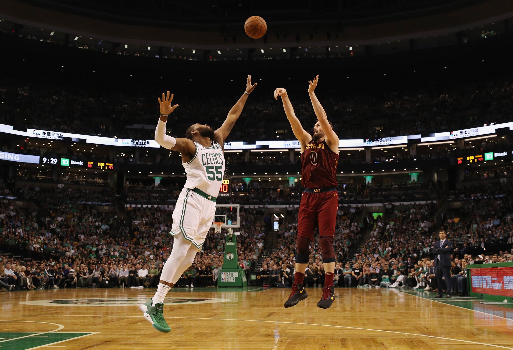 Kevin Love #0 of the Cleveland Cavaliers shoots the ball against Greg Monroe #55 of the Boston Celtics in the first half during Game Two of the 2018 NBA Eastern Conference Finals at TD Garden on May 15, 2018 in Boston, Massachusetts.