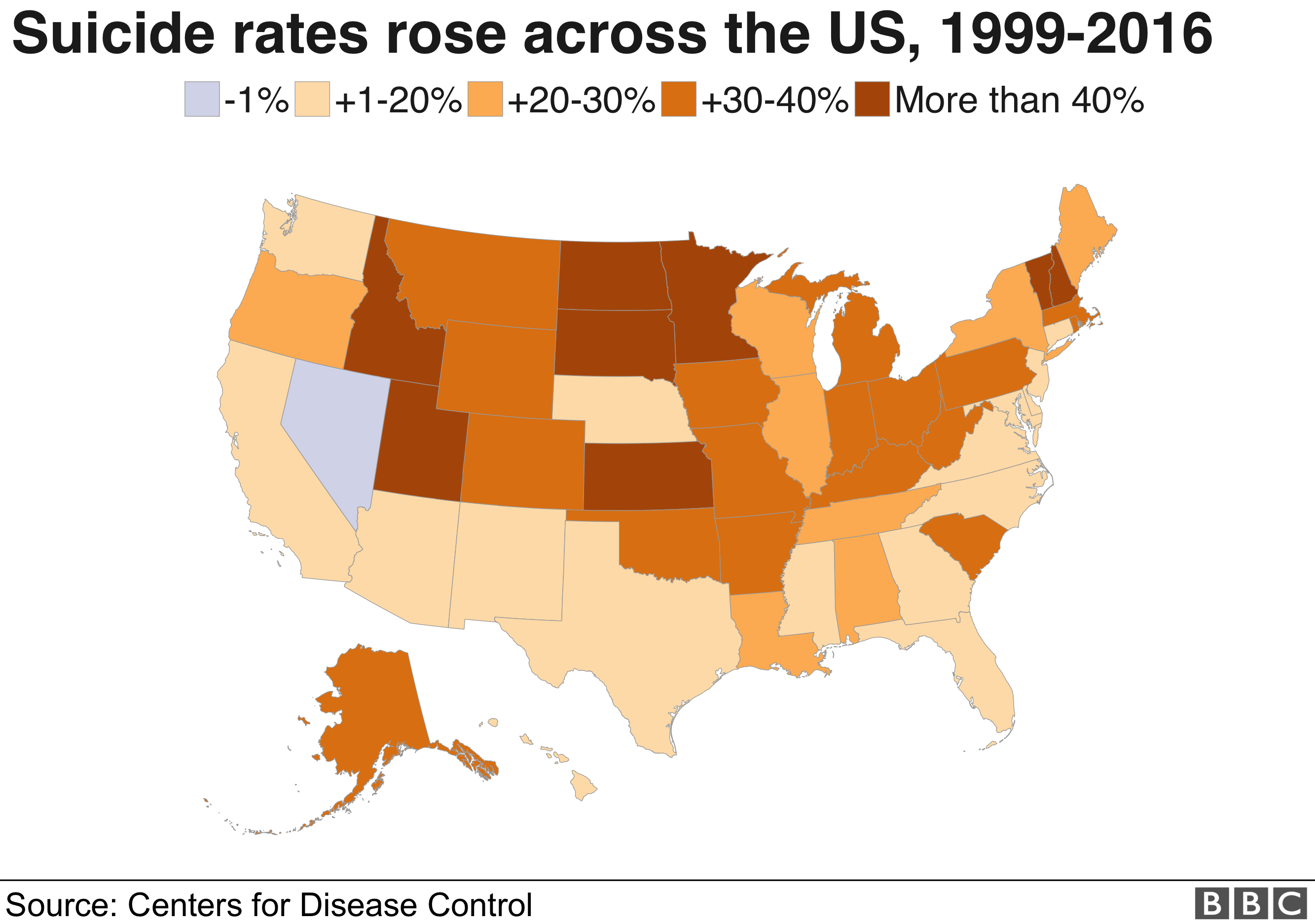 Map showing state-level suicide rate increases across the US