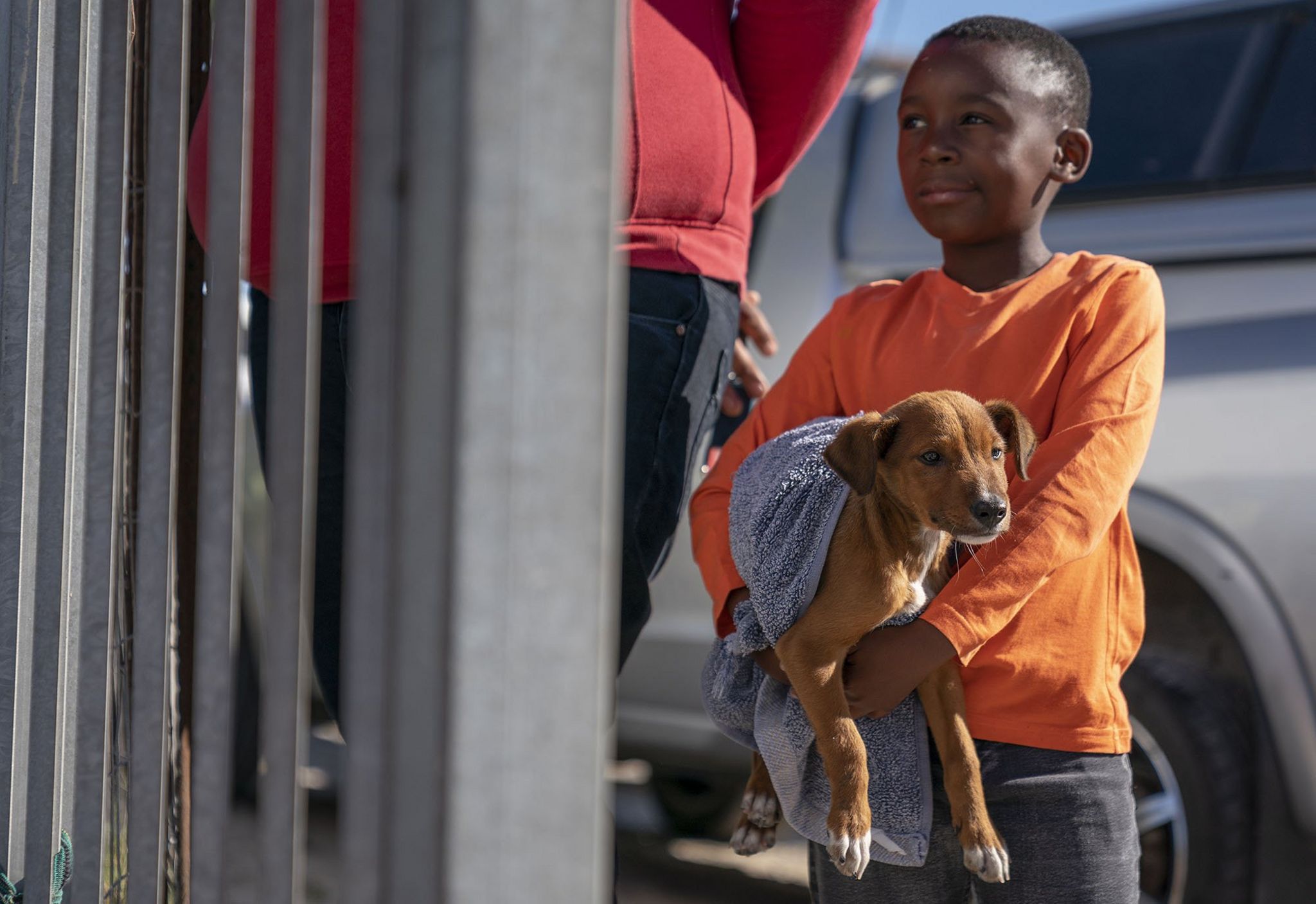 A South African boy waits with his dog to see a Veterinarian outside the Mdzananda Animal Clinic in Khayelitsha, Cape Town, South Africa