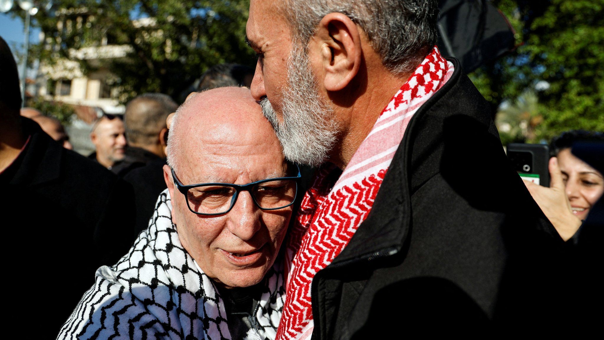 Karim Younis is greeted by family and friends in his home village of Ara, in northern Israel, following his release from prison on 5 January 2023