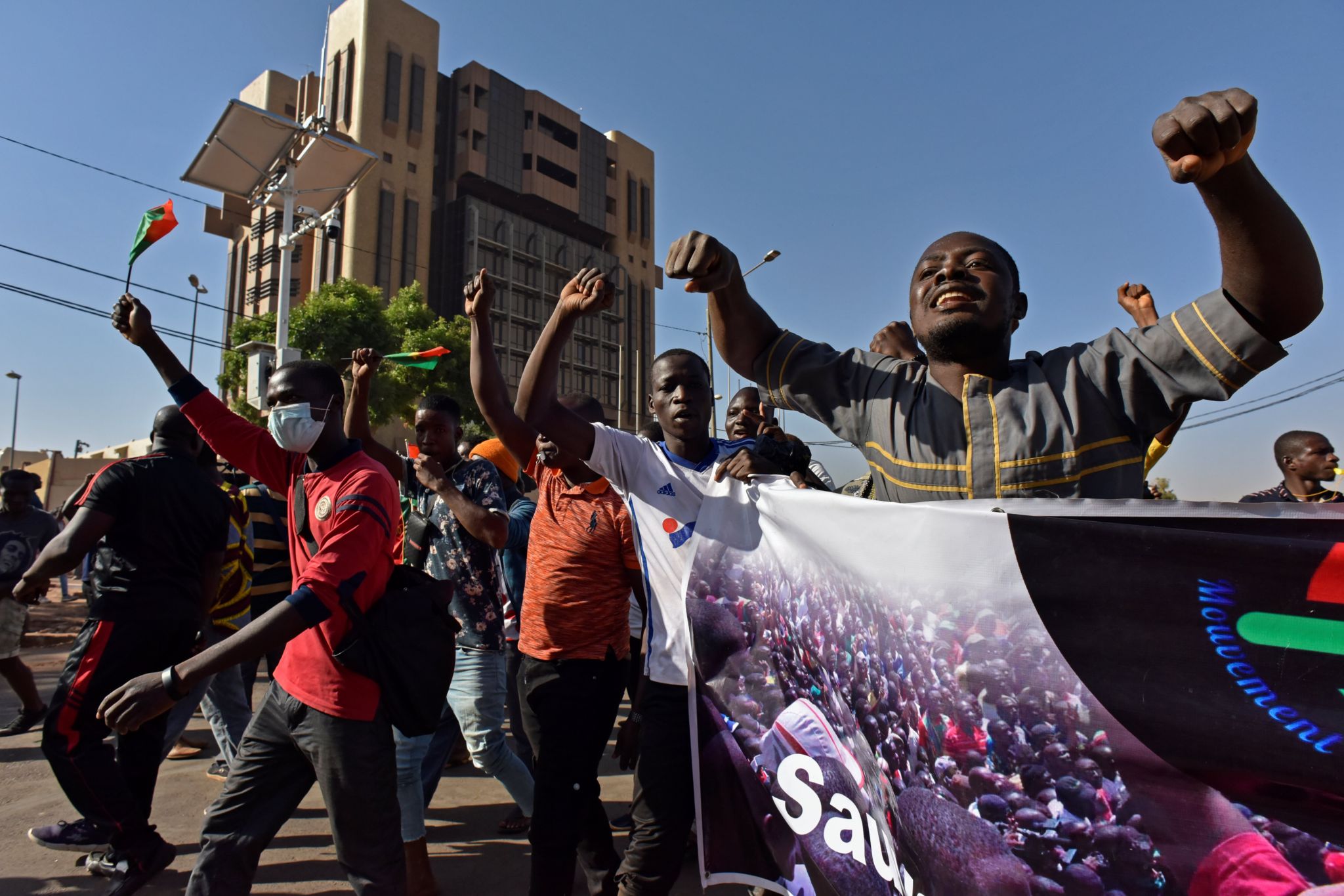 Civil organisations hold a protest calling for Burkina Faso's President Roch Kabore to resign and for departure of French forces that patrol the country, in Ouagadougou, Burkina Faso.