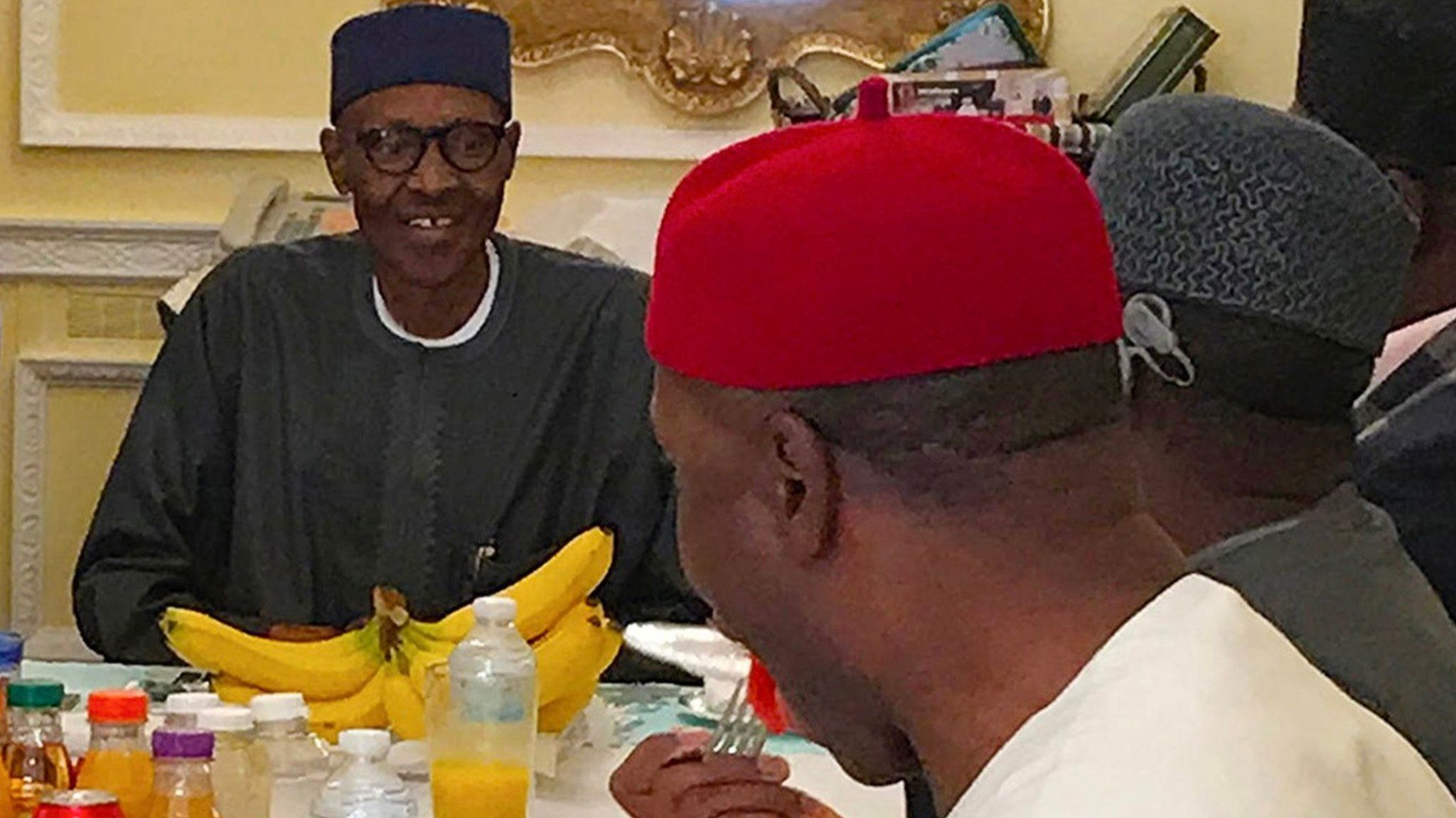 Nigeria's President Muhammadu Buhari having lunch in Abuja House in London