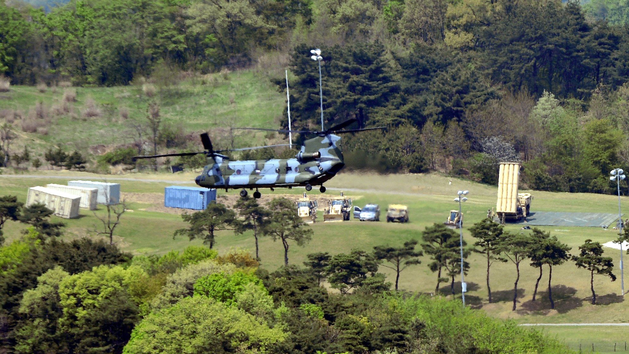 A Terminal High Altitude Area Defense (THAAD) interceptor (R) is seen in Seongju, South Korea, 26 April 2017