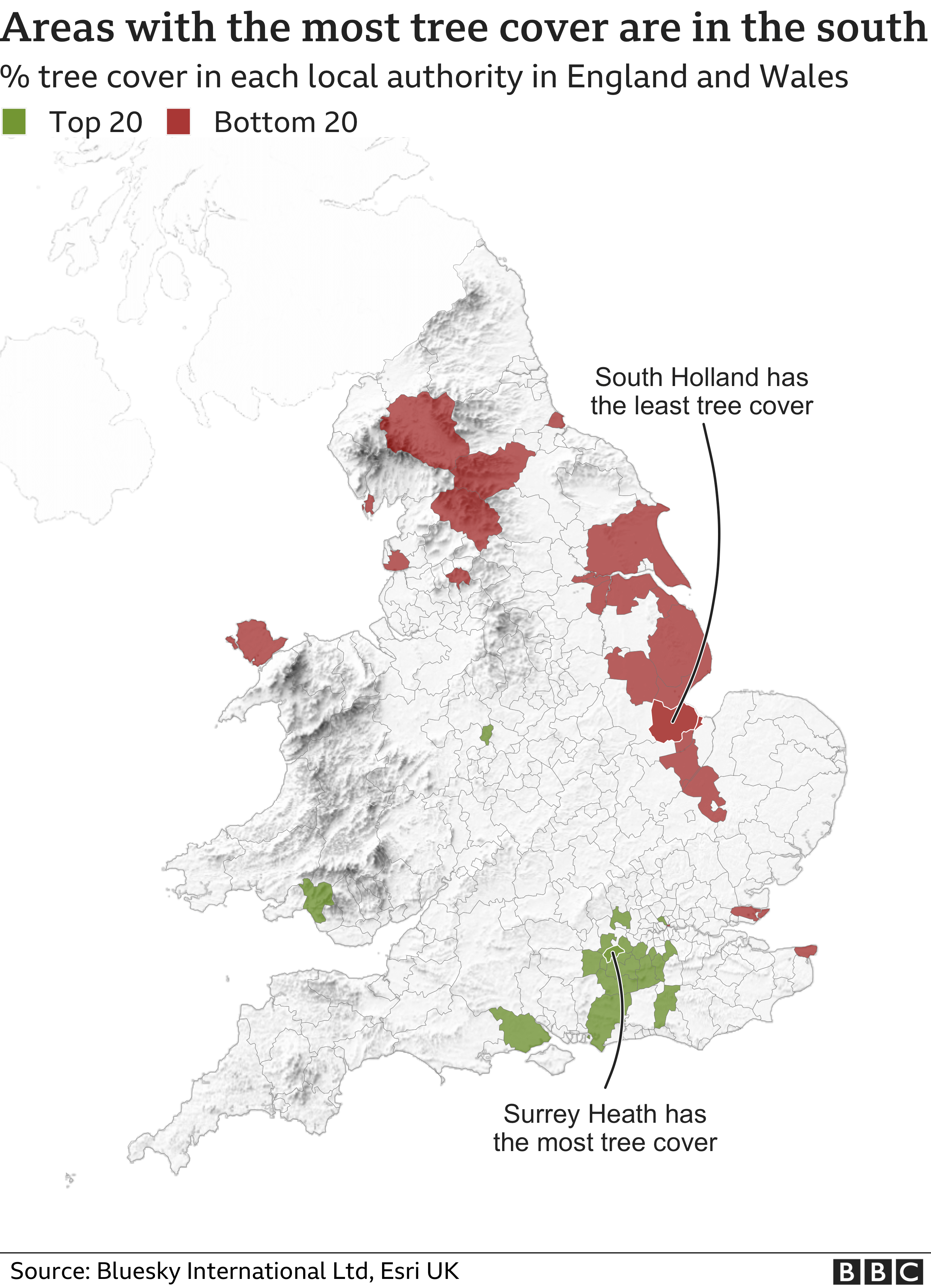 A map of the top and bottom places for tree cover in England and Wales. The places in the bottom 20 are mainly along the east coast. The top 20 places are concentrated in the south east around Surrey.