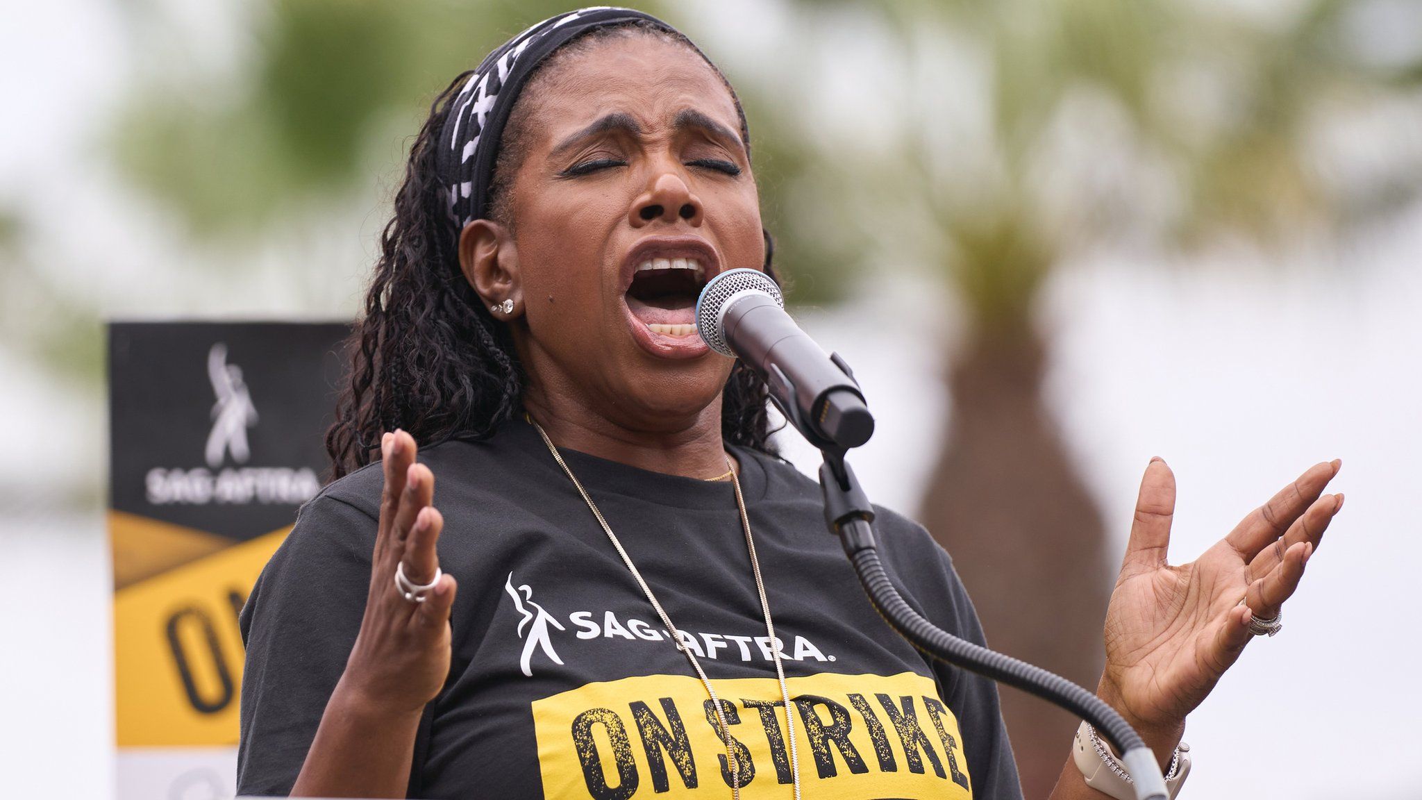 US actor Sheryl Lee Ralph speaks during a SAG-AFTRA rally at Paramount Studios in Los Angeles, California, USA, 13 September 2023. Both the WGA and SAG-AFTRA are on strike fighting for better compensation, contracts, and protection against AI