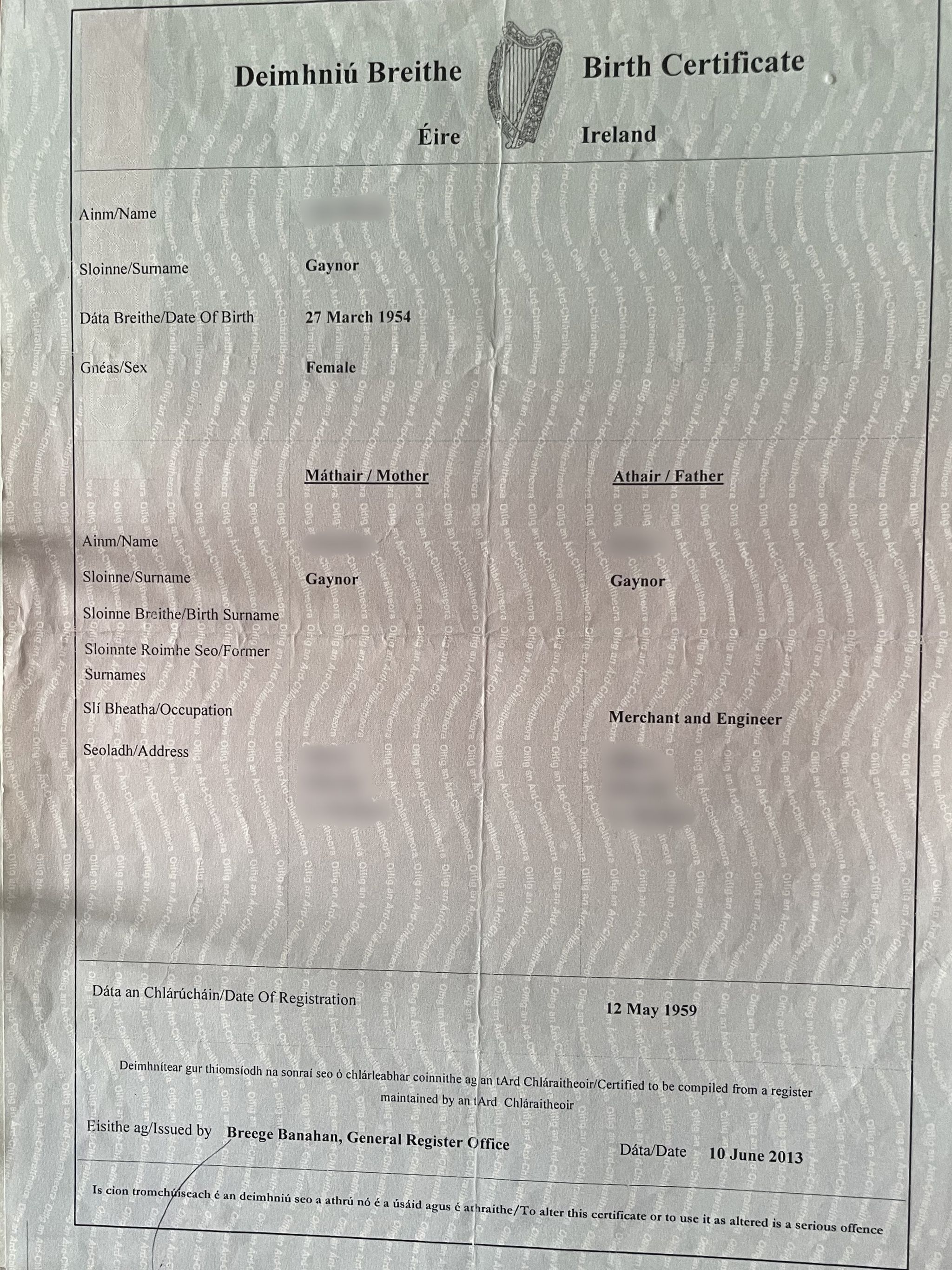 Irish birth certificate with blurred names