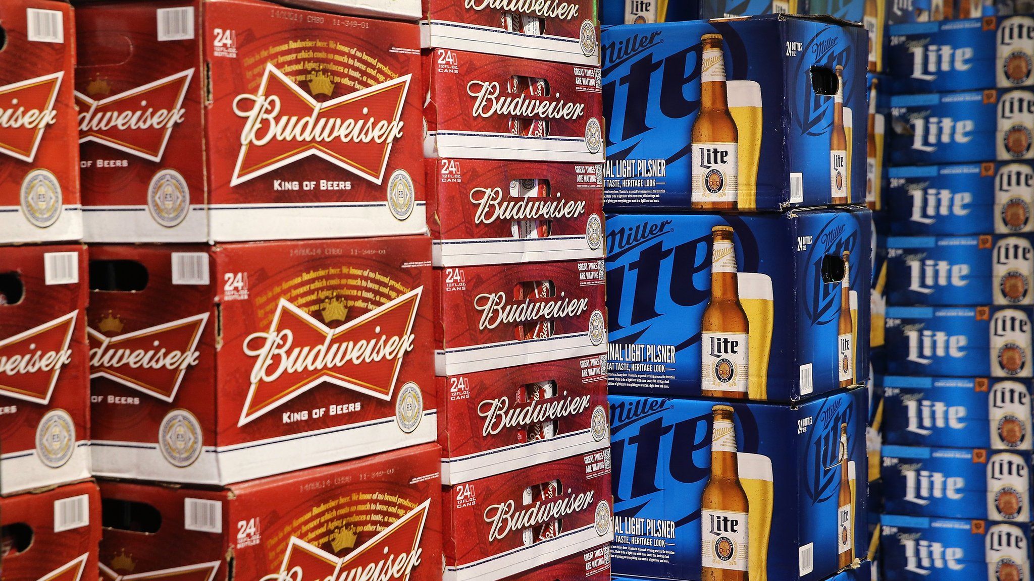 Boxes of Budweiser and Miller Lite beers