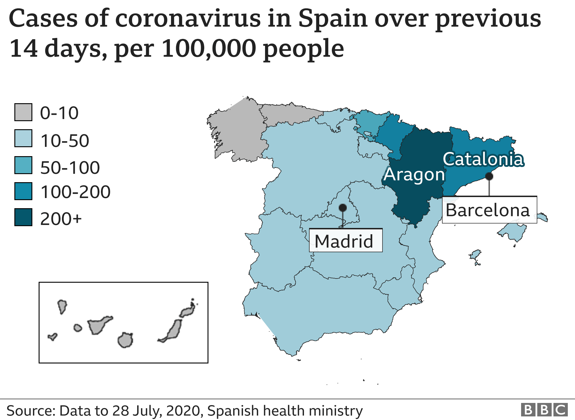 Map of coronavirus infections in Spain