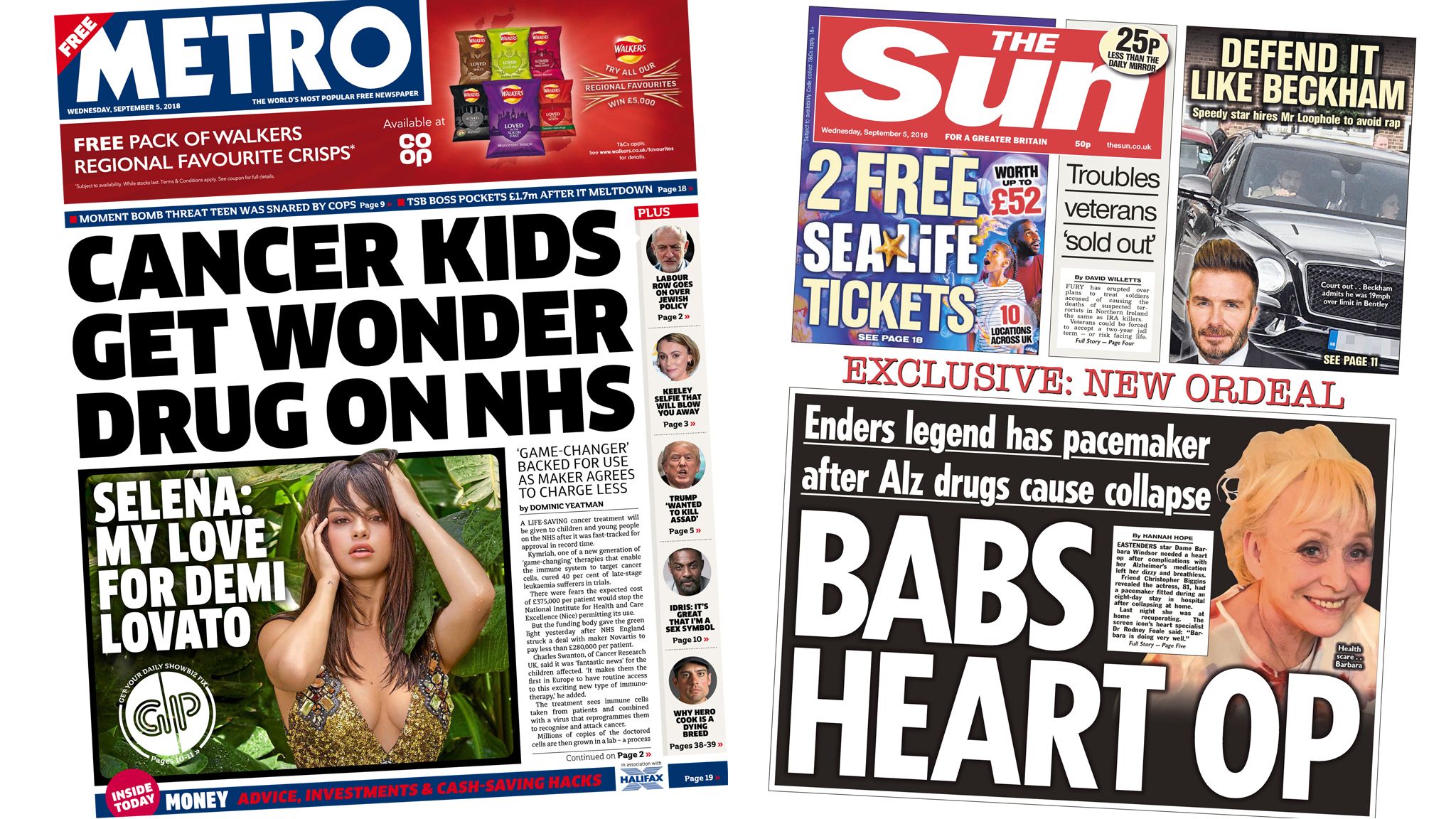 Metro and Sun front pages - 05/09/18