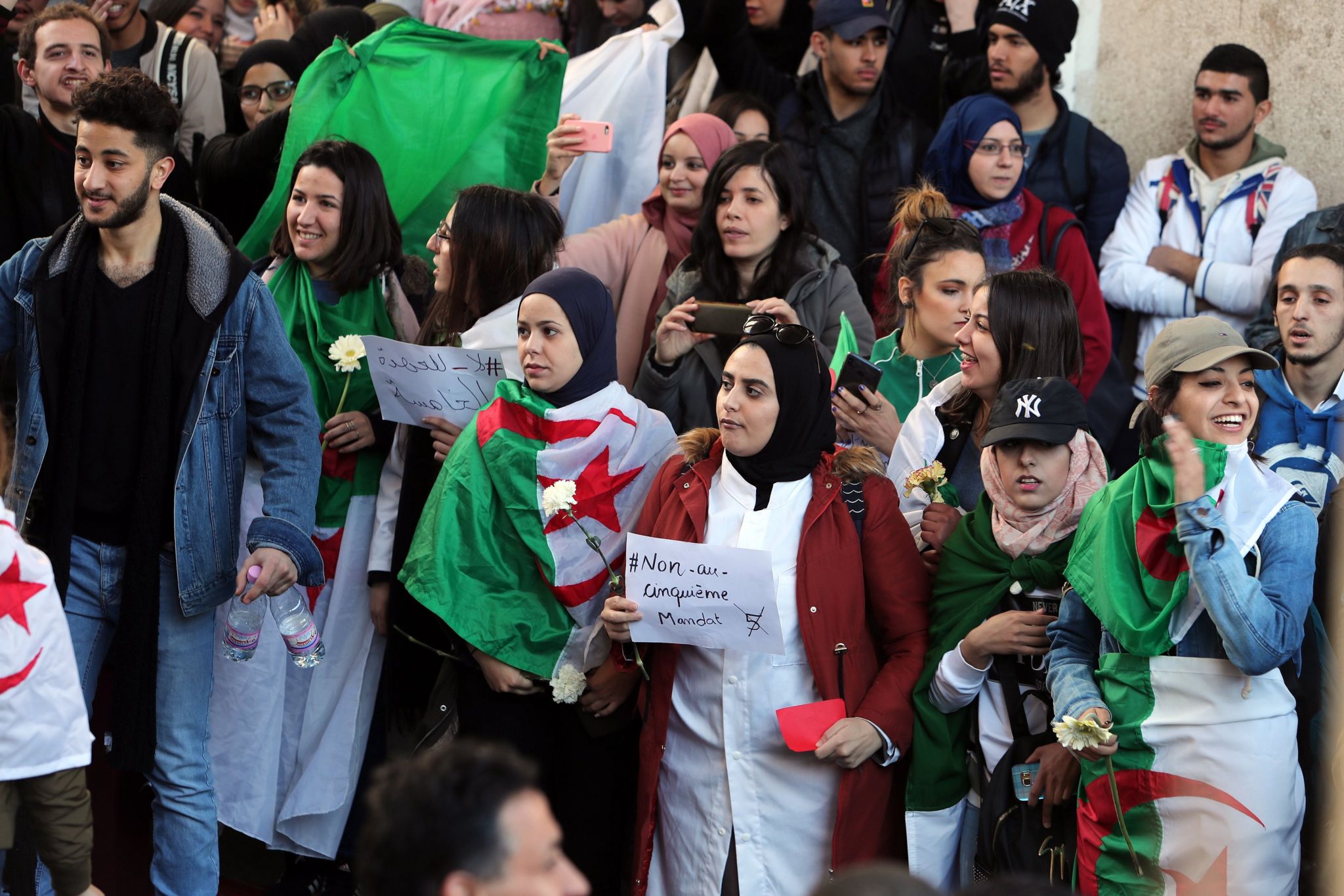Algerian university students protest inside university campus against the fifth term of President Abdelaziz Bouteflika in Algiers