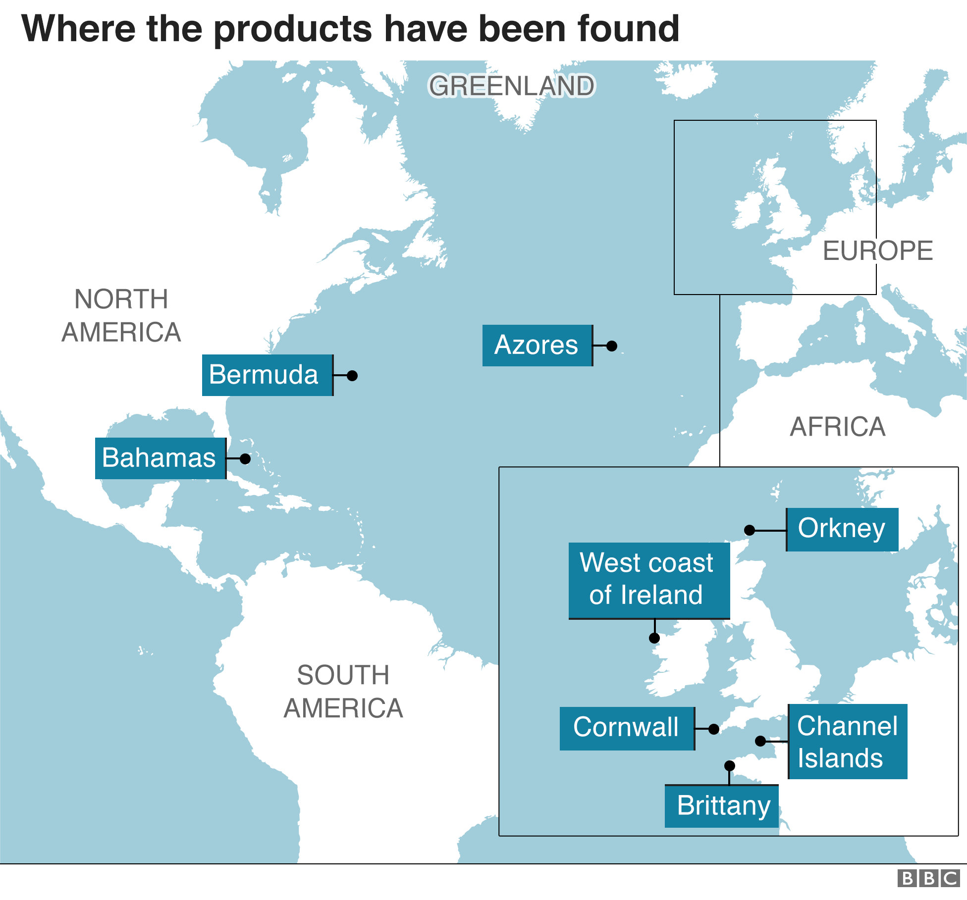 Map showing where the products have been found.