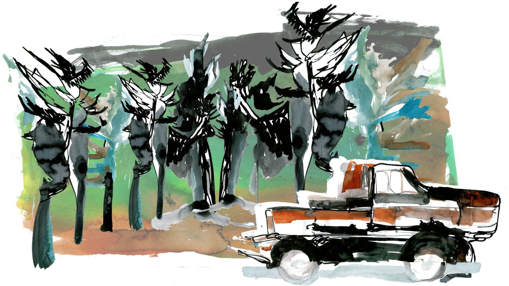 illustration of a truck in front of trees
