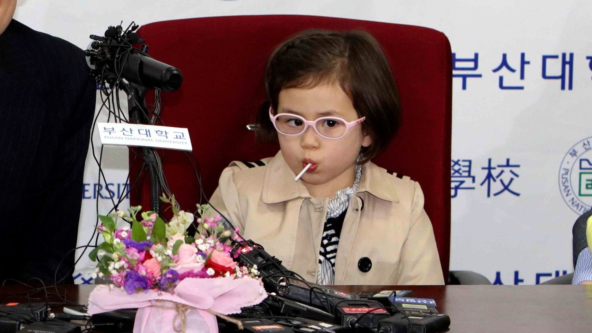 Robert Kelly, left, a political science professor at Pusan National University, holds a press conference with his wife Jung-a Kim, right, and children James and Marion at the university in Busan, South Korea, Wednesday, March 15, 2017