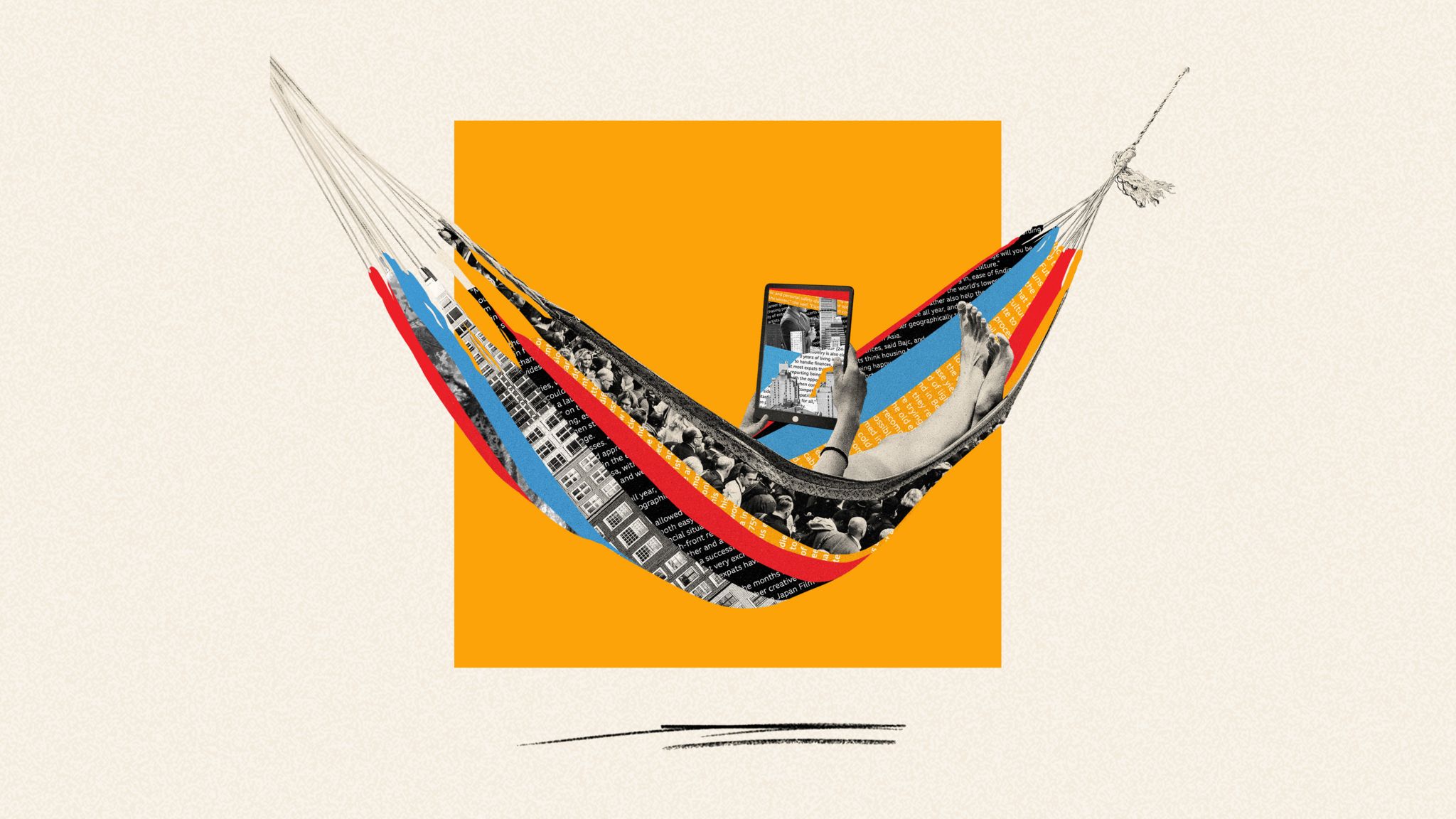 Illustration - in black, blue and red, against a yellow backdrop - depicting someone lying in a hammock, reading a newsletter on a tablet computer