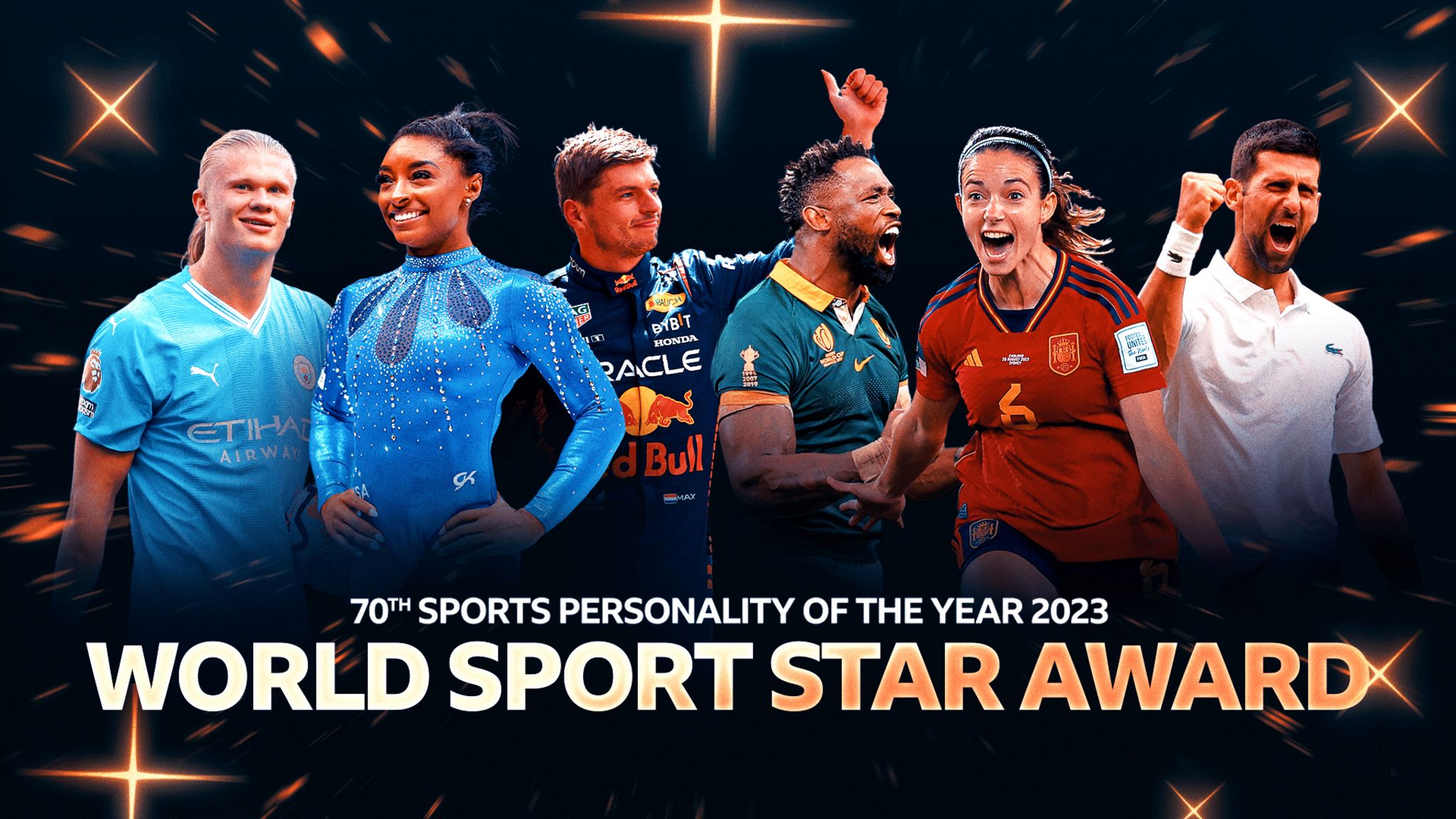 Graphic showing Erling Haaland, Simone Biles, Max Verstappen, Siya Kolisi, Aitana Bonmati and Novak Djokovic