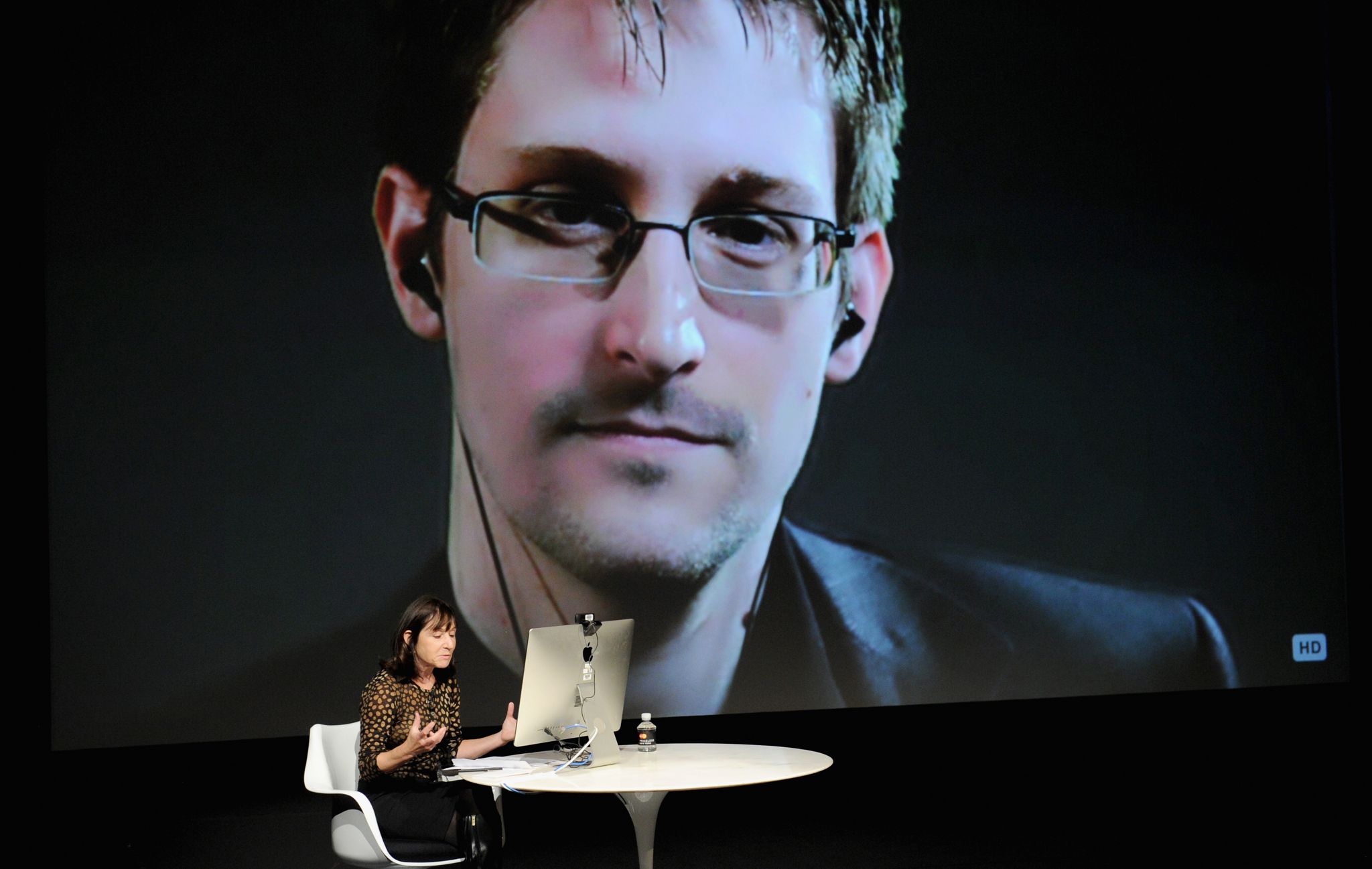 General view of atmosphere at the Edward Snowden Interviewed by Jane Mayer at the MasterCard stage at SVA Theatre during The New Yorker Festival 2014