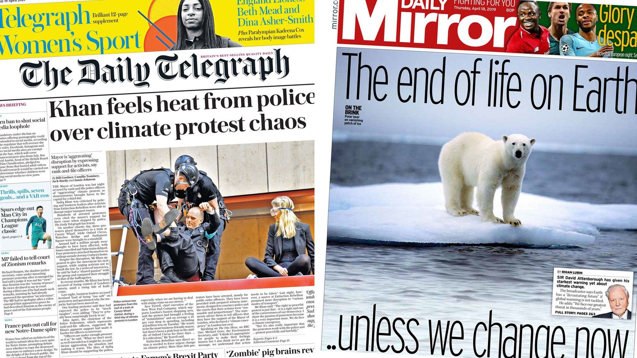 Composite image showing Daily Telegraph and Daily Mirror front pages