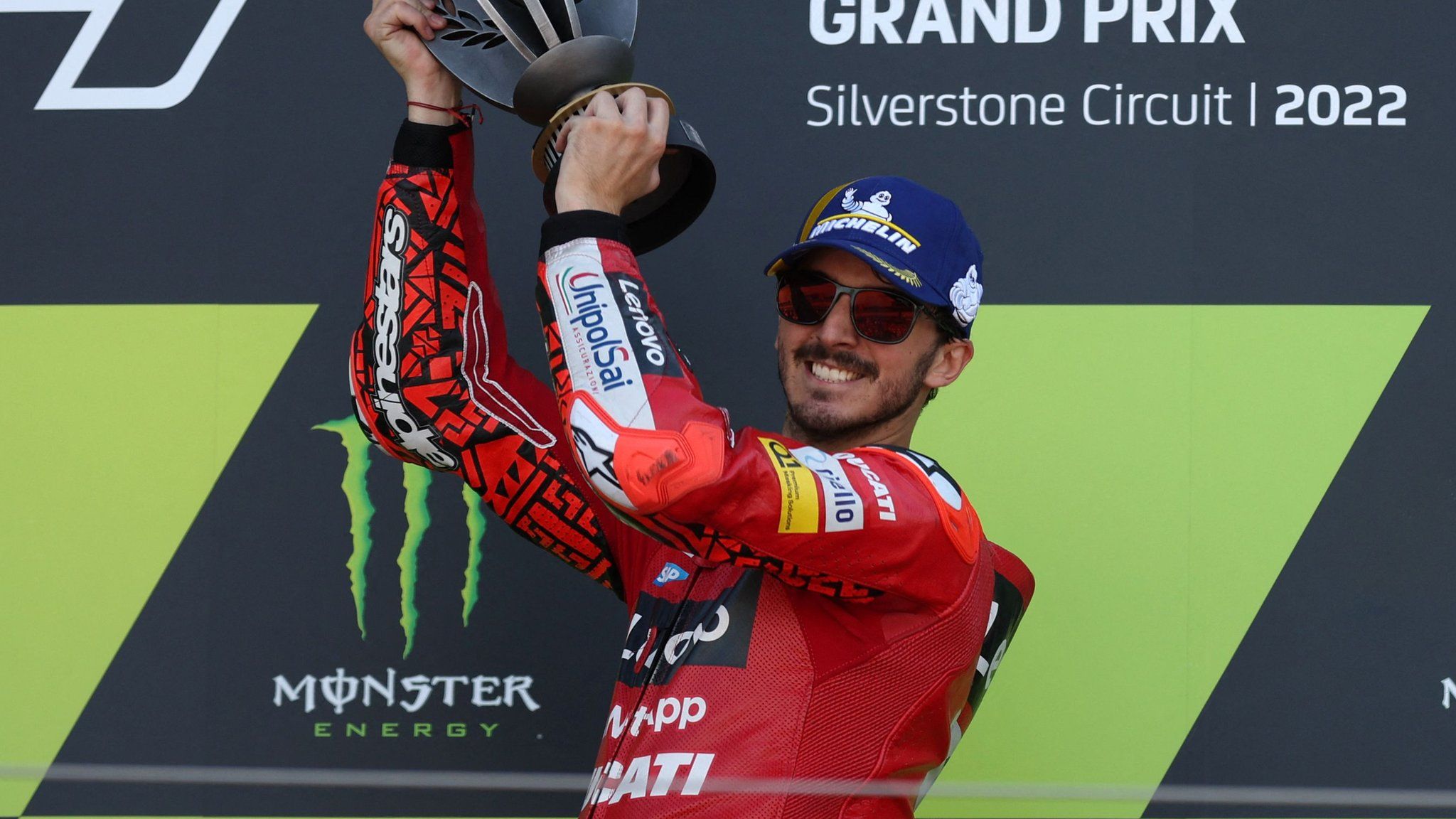 Francesco Bagnaia with the British Grand Prix trophy