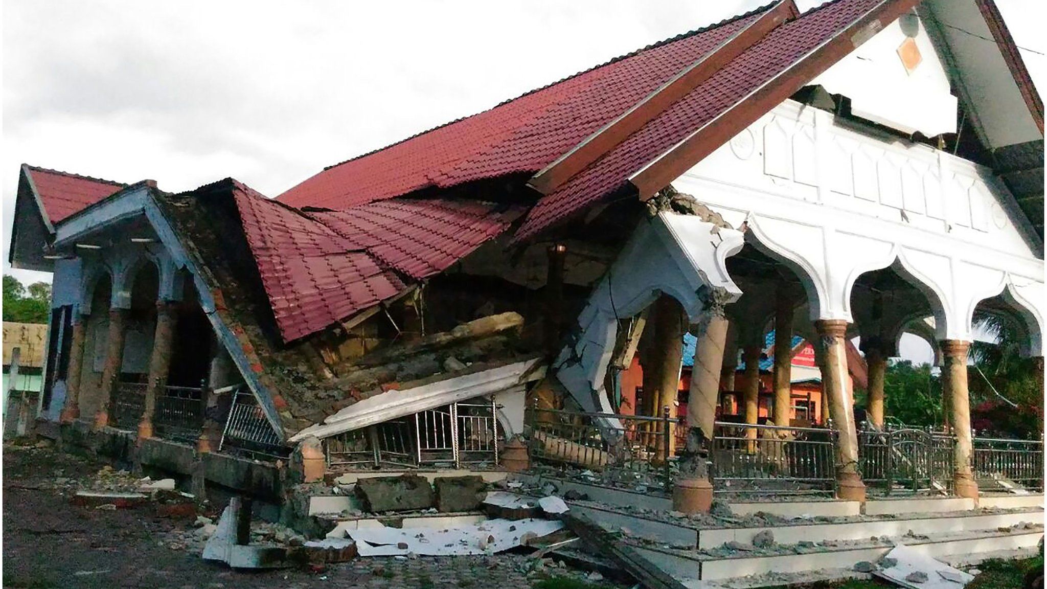 A badly damaged building is seen after the earthquake. Pidie, Indonesia on 7 December 2016.