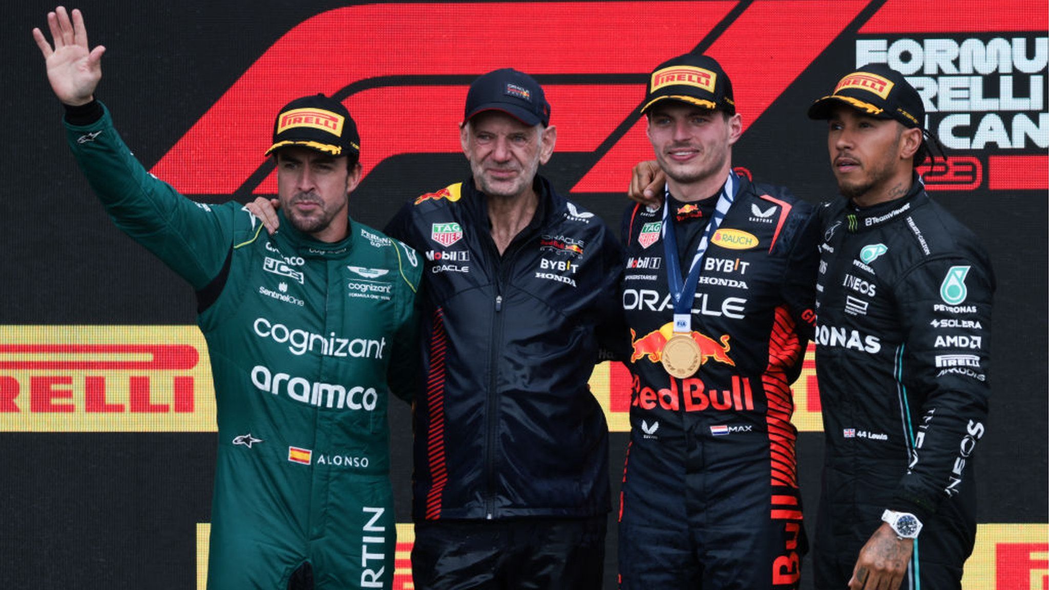 Fernando Alonso, Max Verstappen and Lewis Hamilton share a podium together in Canada last season