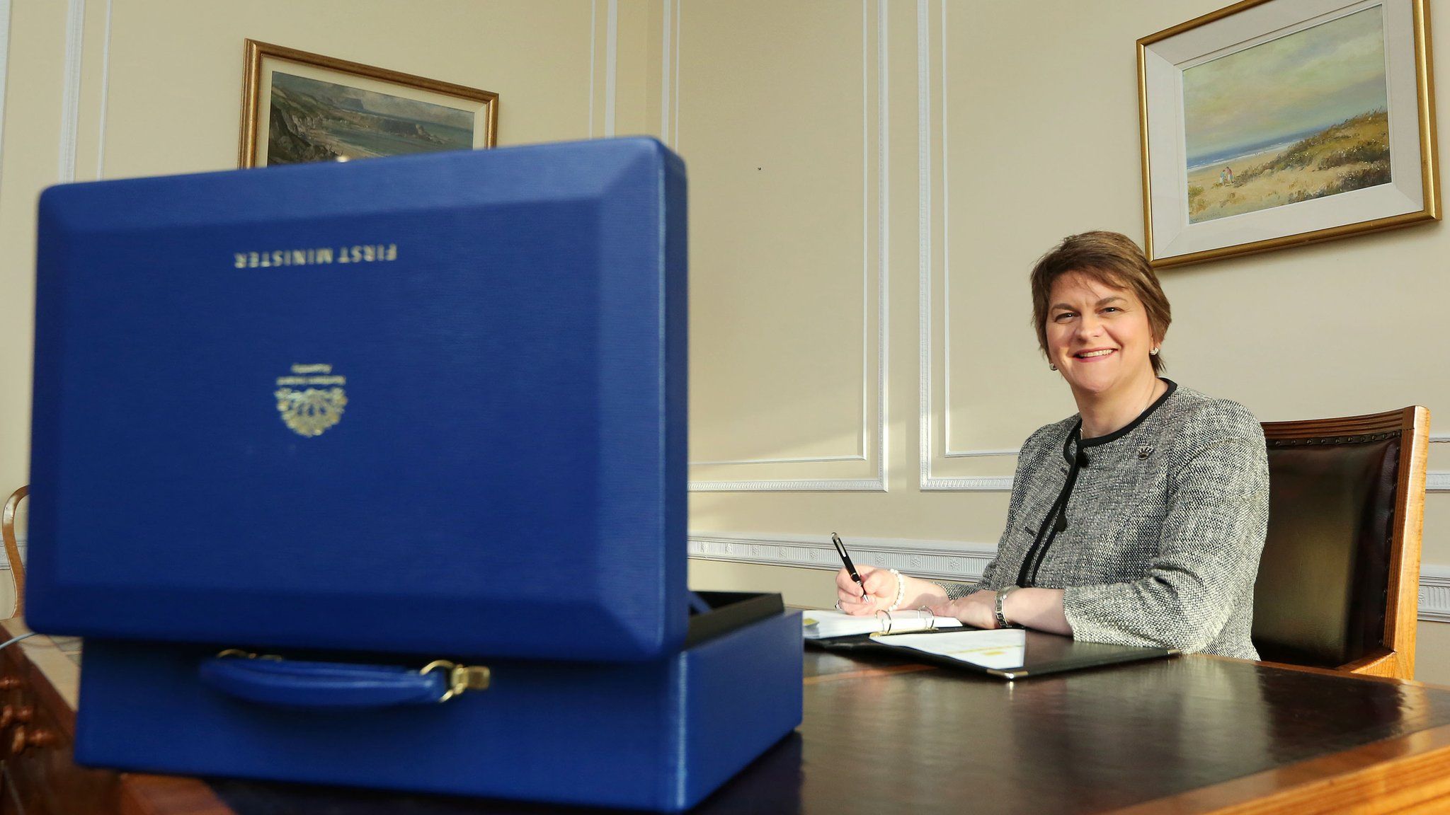 Arlene Foster at her desk in the first minister's office