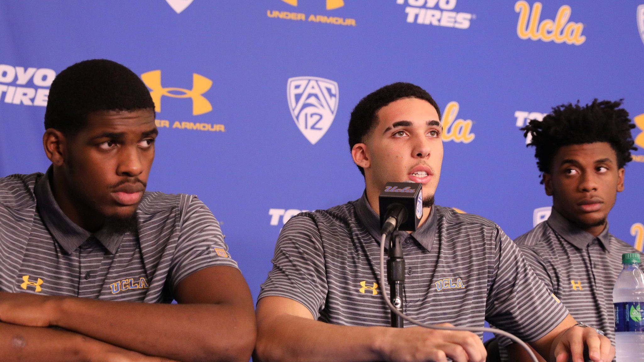 (L-R) UCLA basketball players Cody Riley, LiAngelo Ball and Jalen Hill