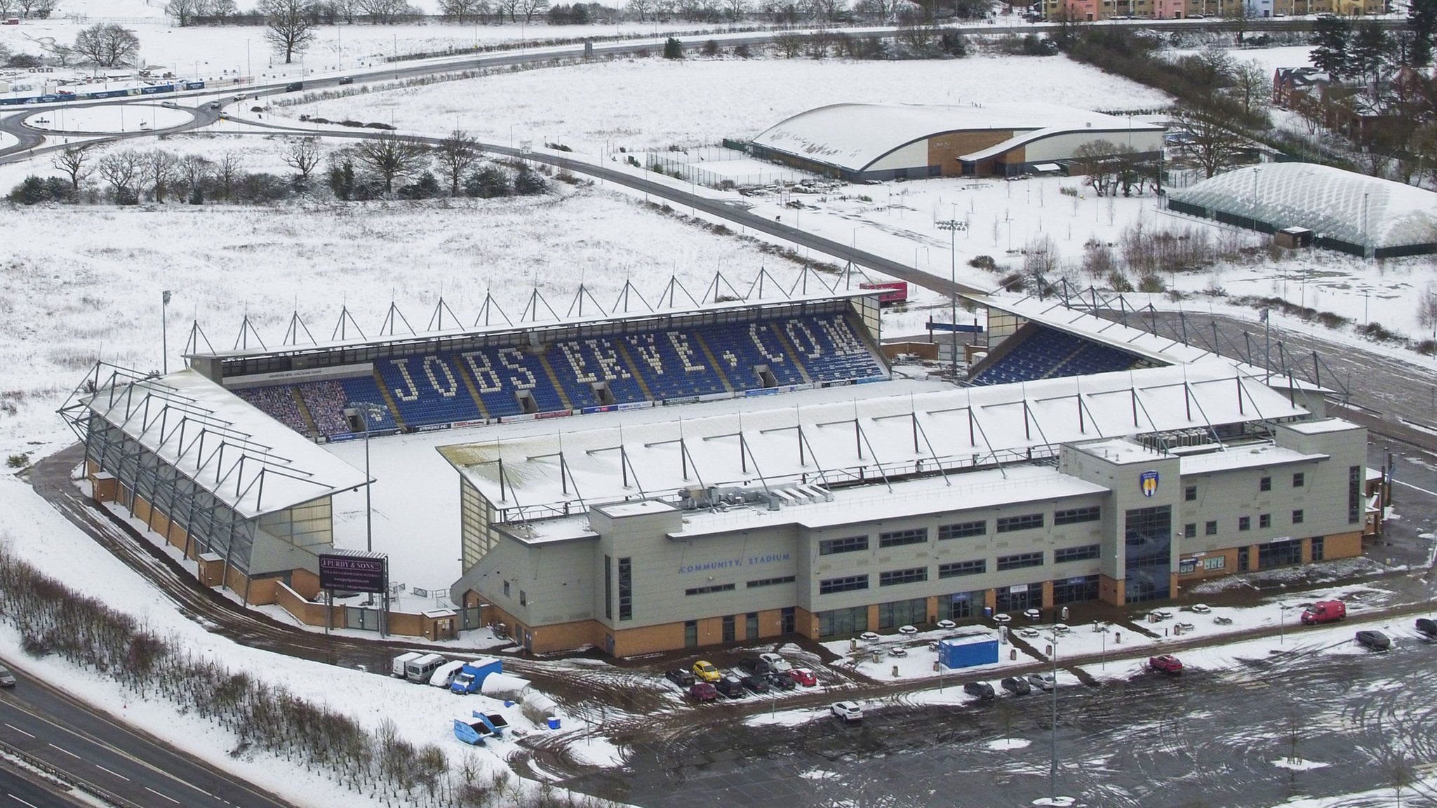 Colchester United's stadium in snow