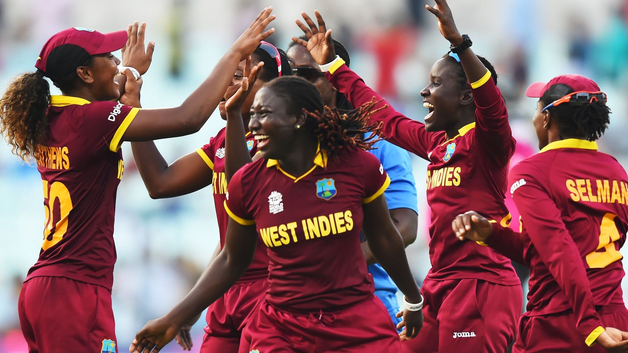 West Indies women celebrate victory over Australia in Kolkata