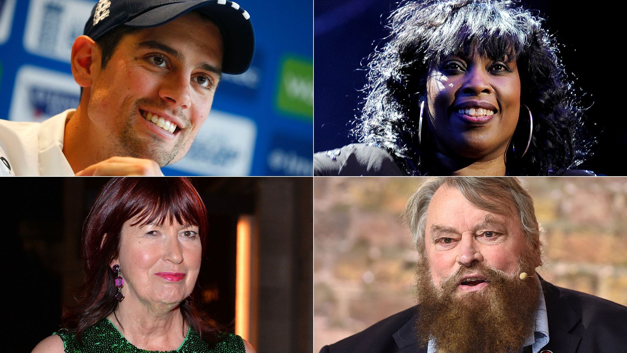 Clockwise from top left: Alastair Cook, Ruby Turner, Brian Blessed, Janet Street Porter