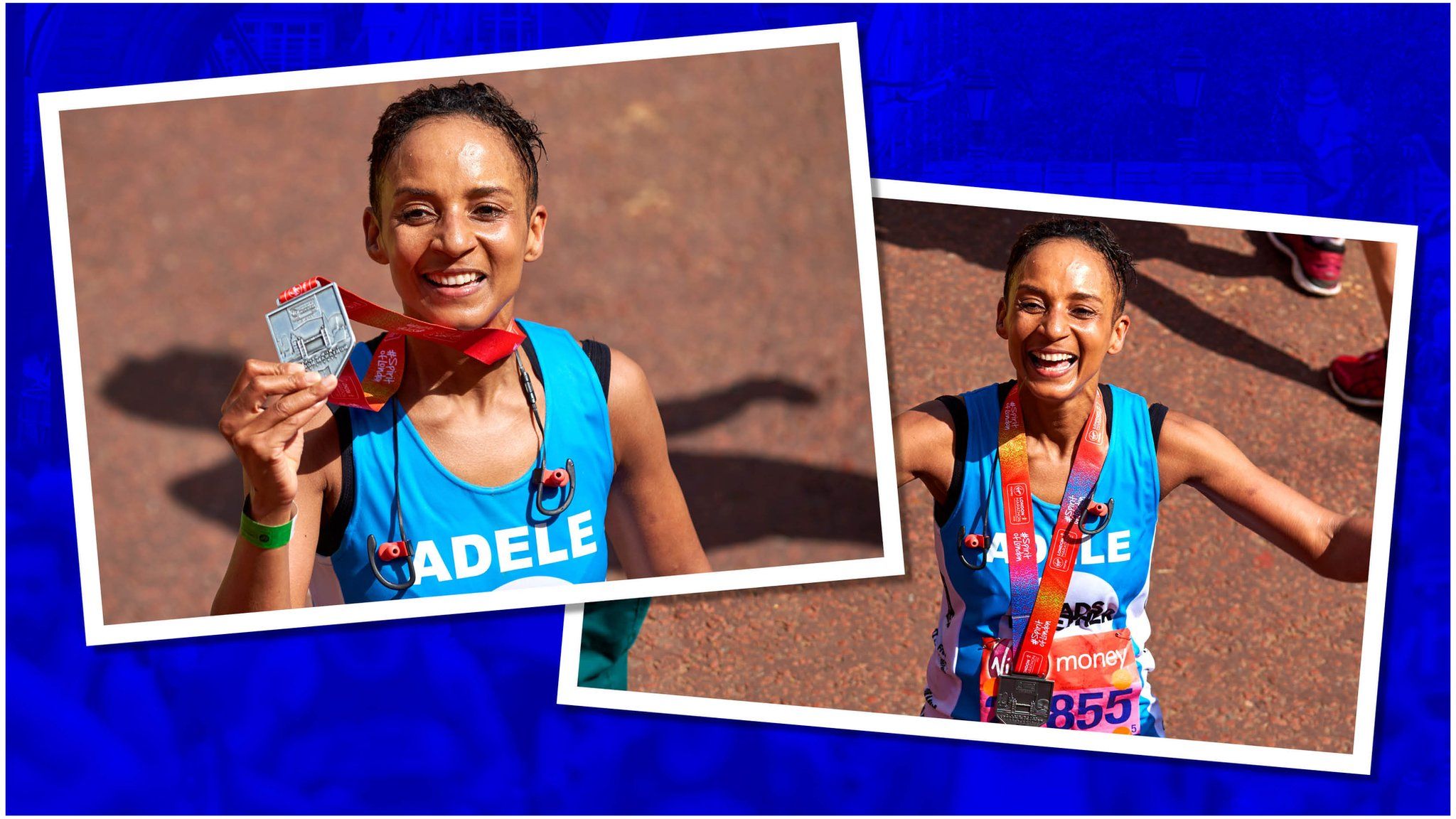 Adele Roberts celebrates after completing the London Marathon