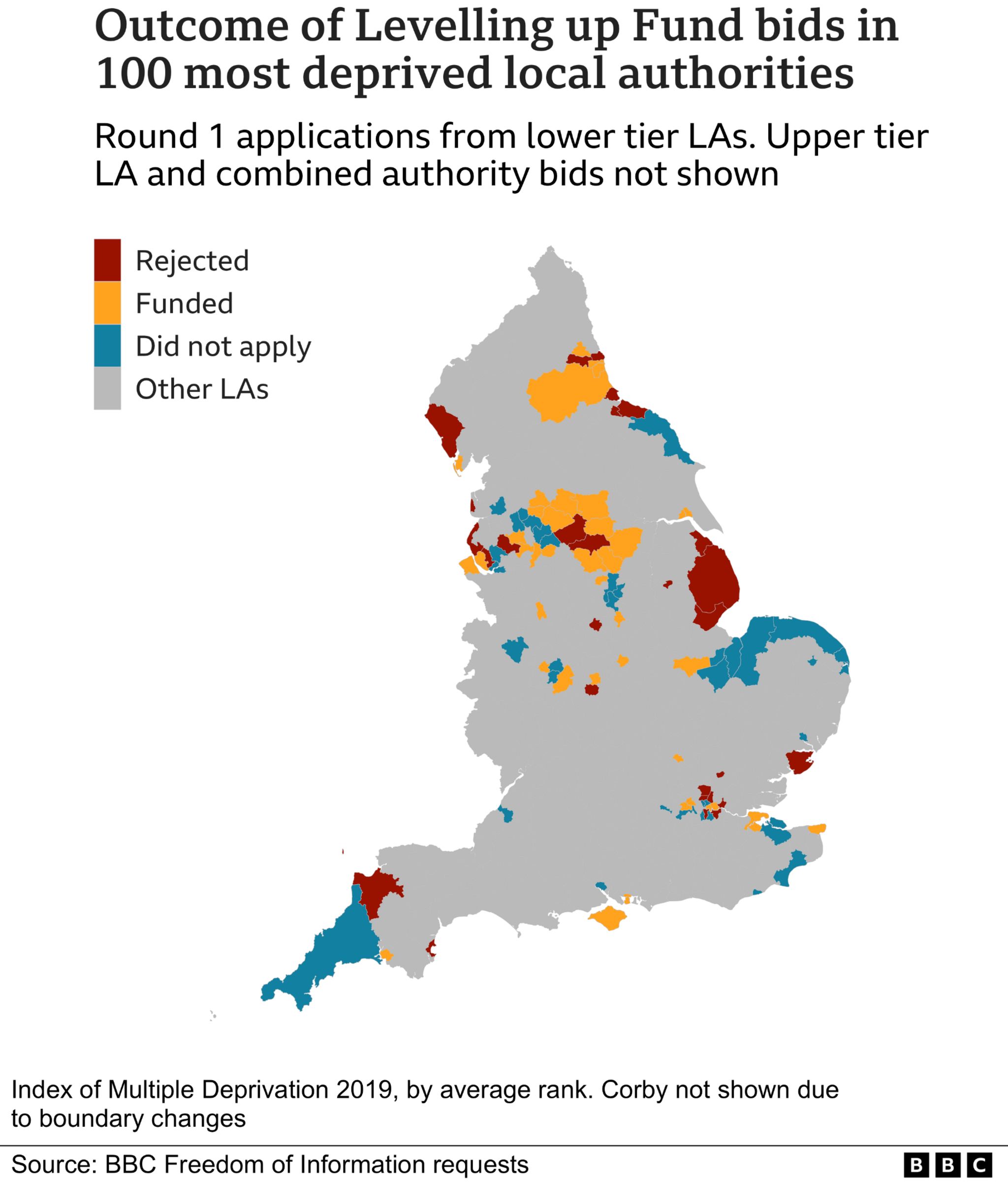 Map showing outcome of Levelling up fund bids in 100 most deprived local authorities