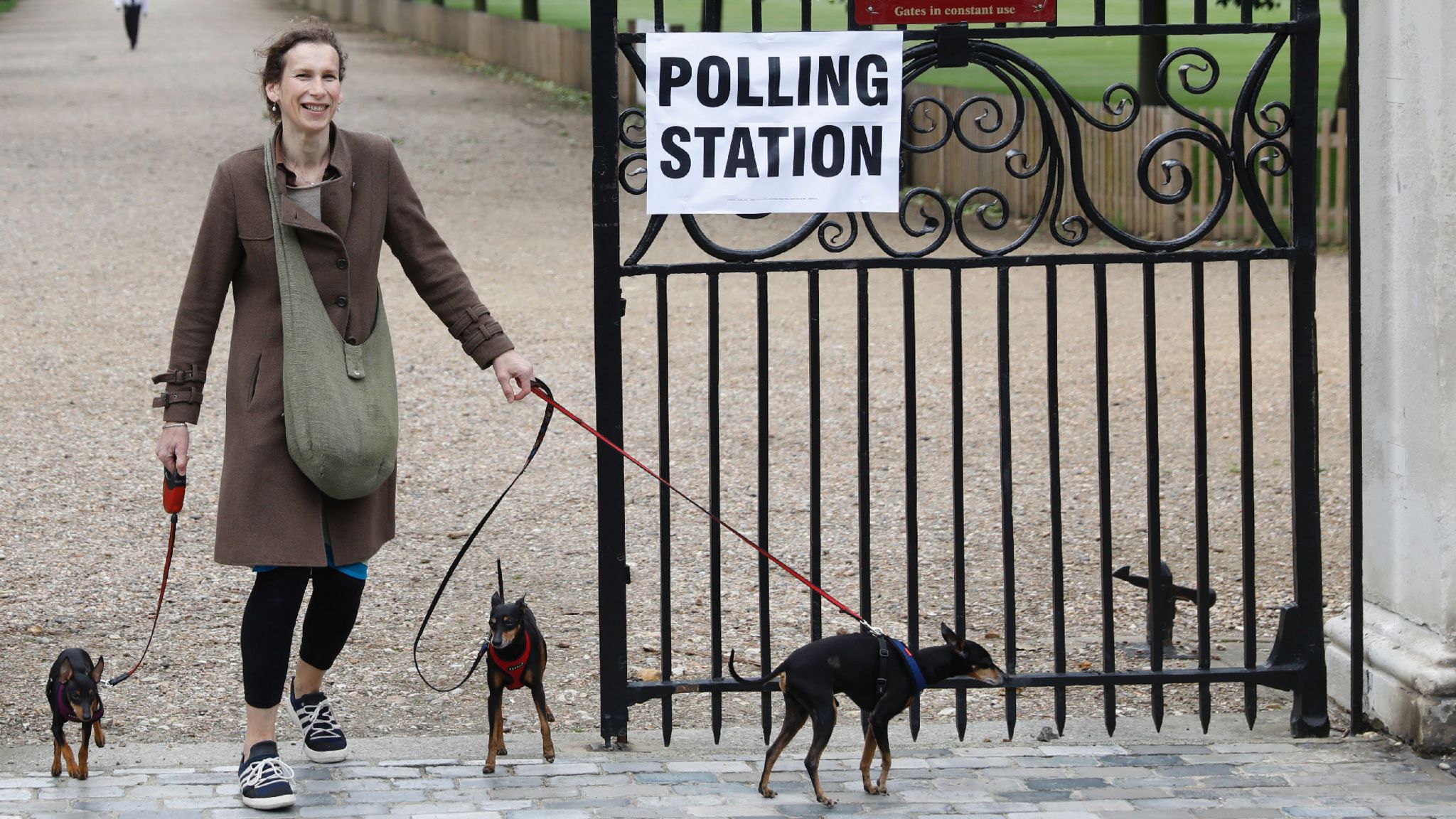 A woman with dogs at a polling station