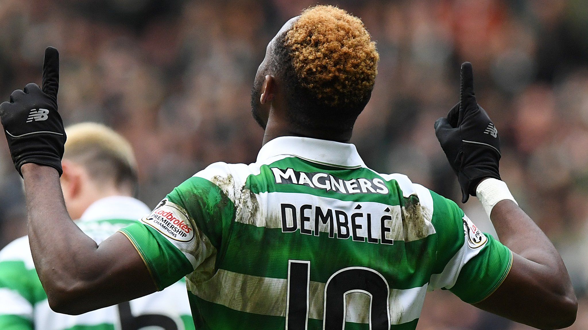 Moussa Dembele celebrates for Celtic