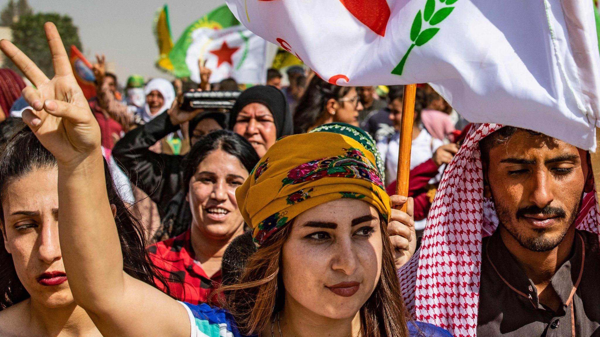 Syrian Kurds protest against Turkey in Ras al-Ain, Hassakeh province, on 6 October 2019