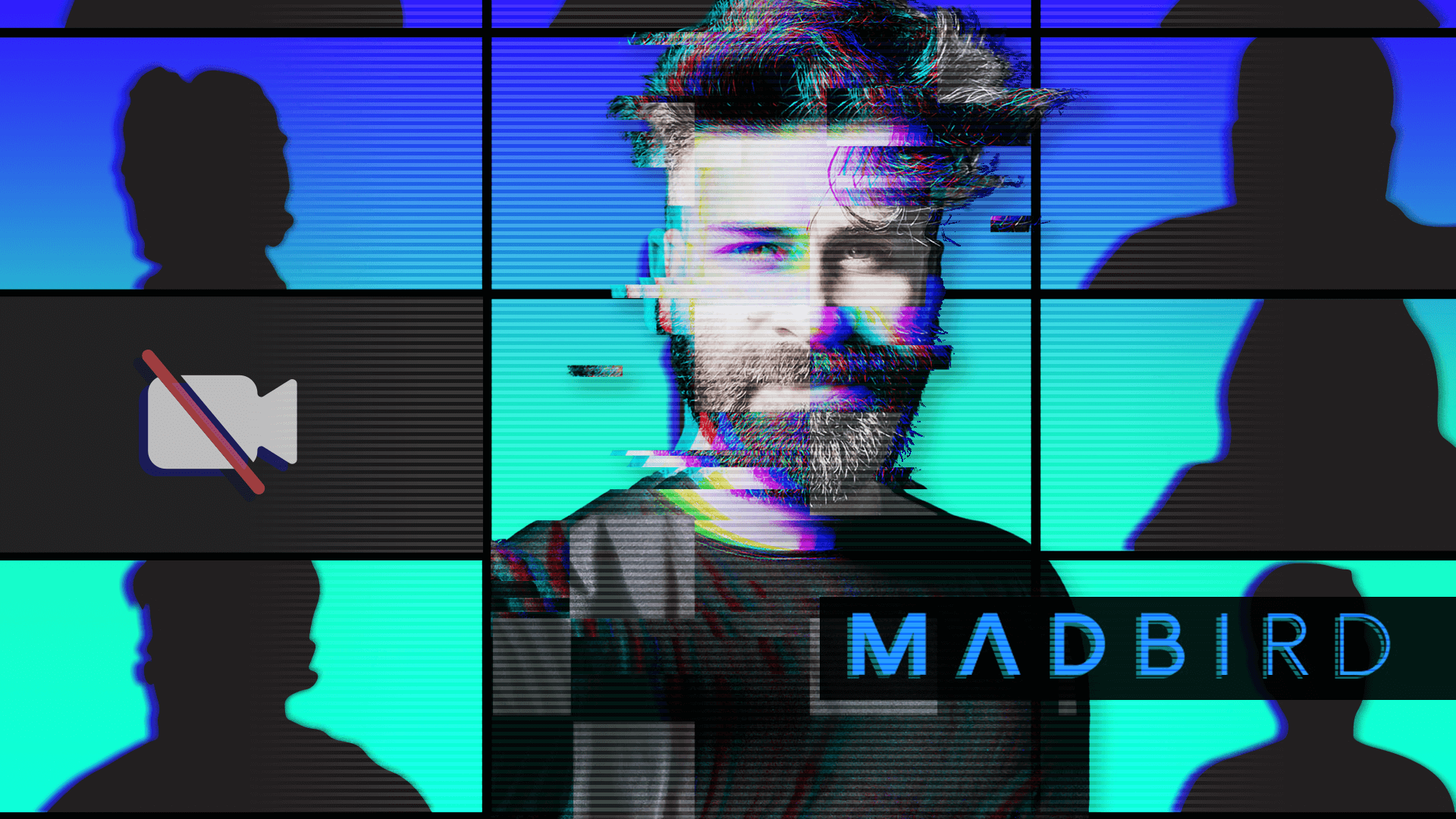 Stylised image of Ali Ayad, the Madbird logo and a video conference call