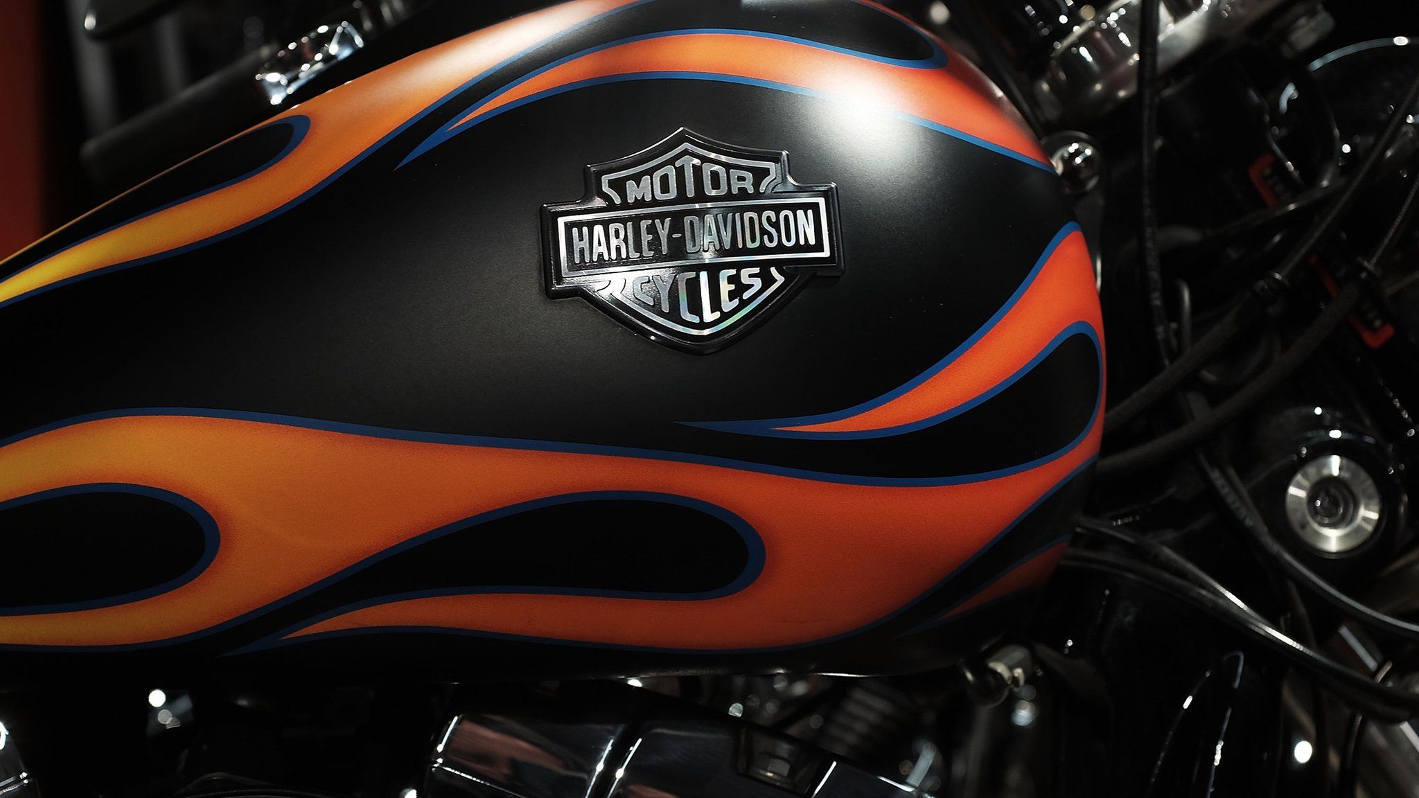Harley Davidson motorcycles are displayed in New York City