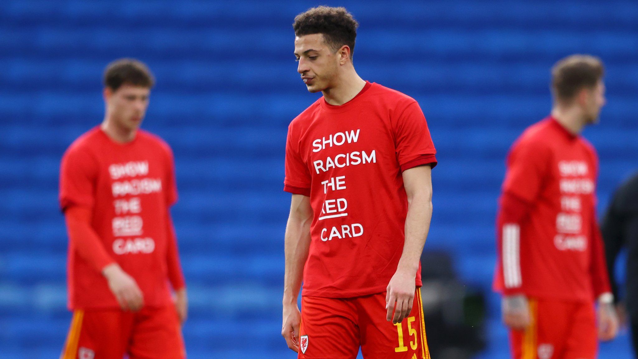 Ethan Ampadu wearing a T-shirt emblazoned with Show Racism the Red Card