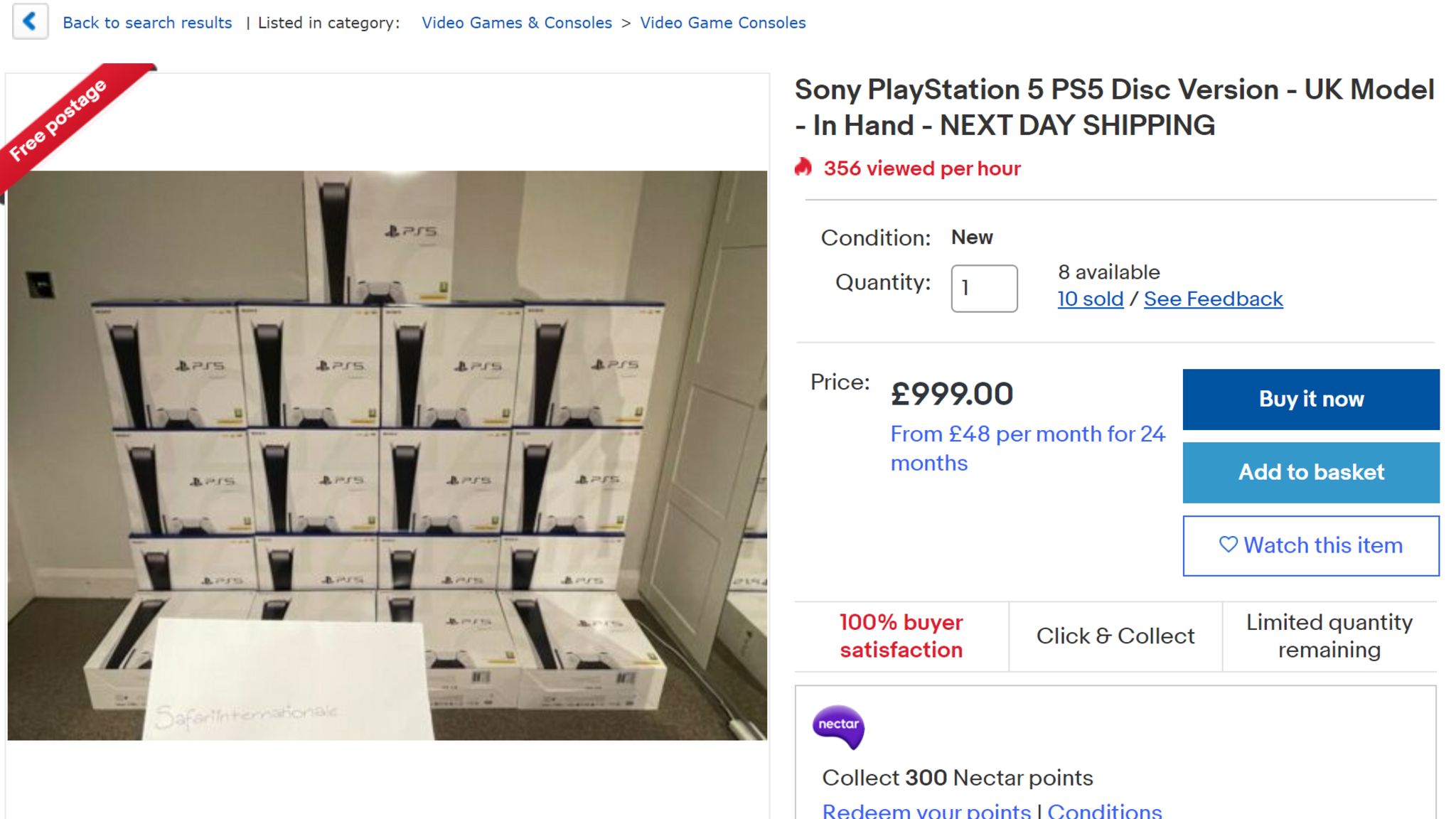 A screenshot shows a stack of PlayStation 5s in the living room, each for sale at £999