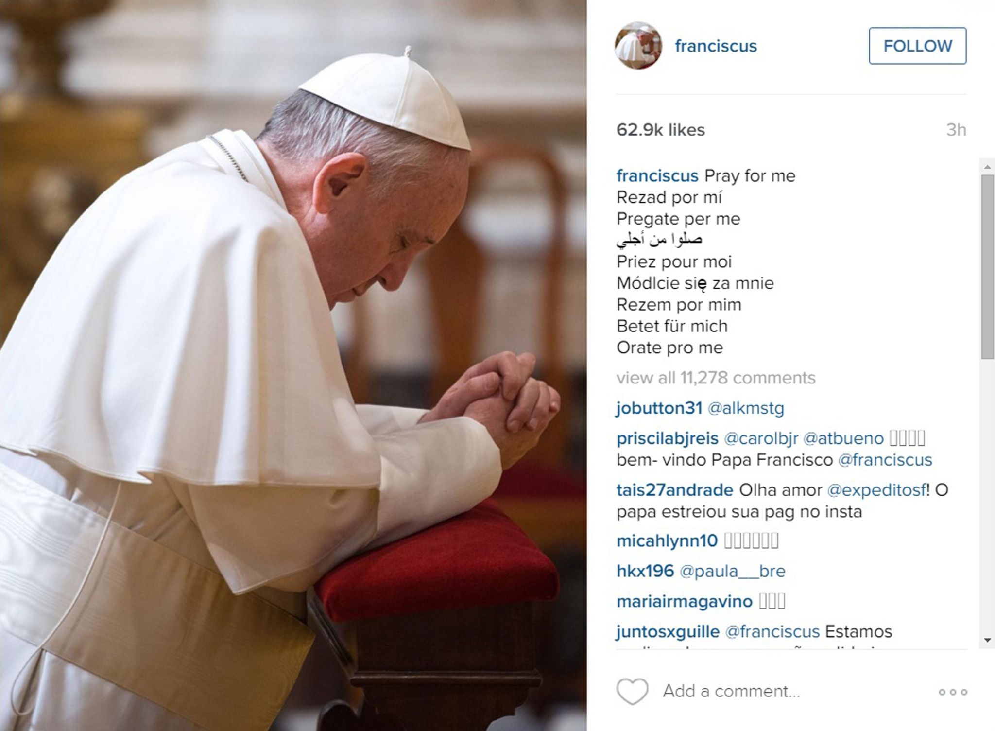 The Pope's first post on Instagram