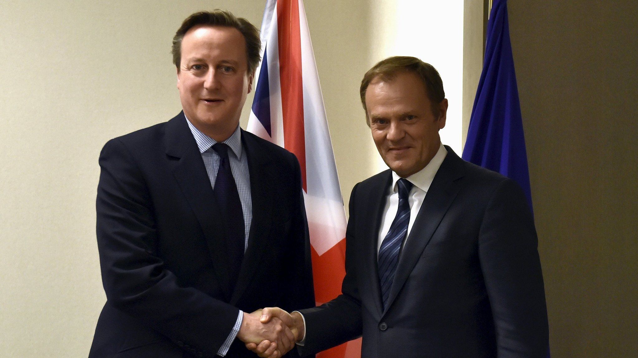 David Cameron shakes hands with Donald Tusk