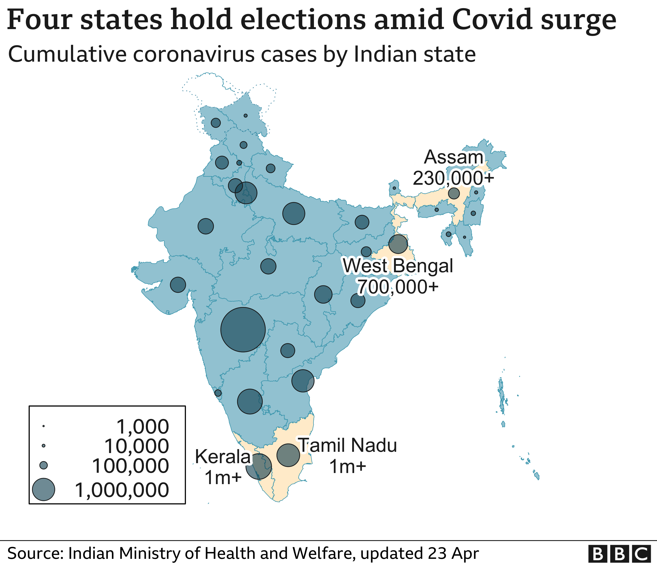 Map of case numbers in India showing election states