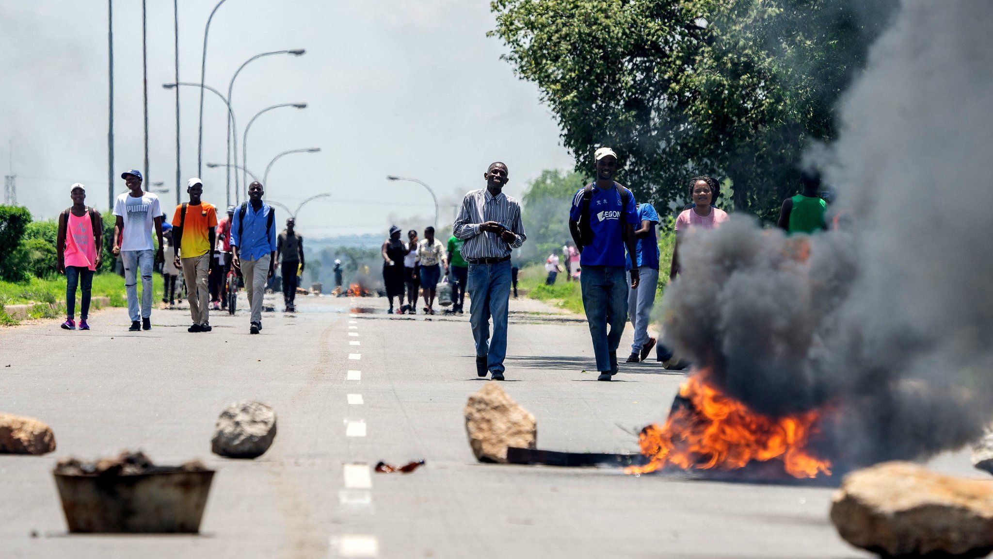 Burning barricade during a demonstration on January 14, 2019 in Bulawayo