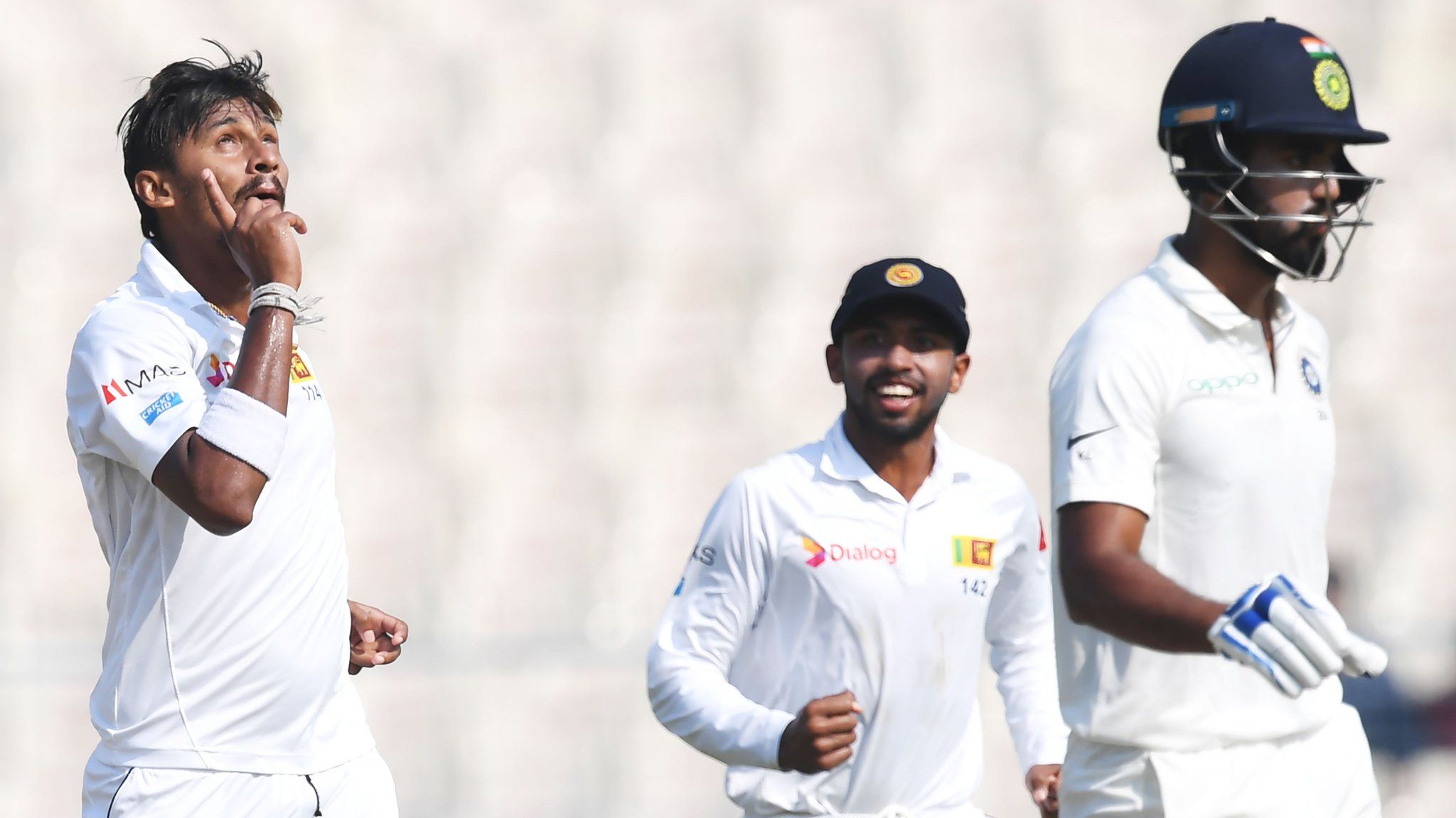 Sri Lanka's Suranga Lakmal celebrates the wicket of India's KL Rahul