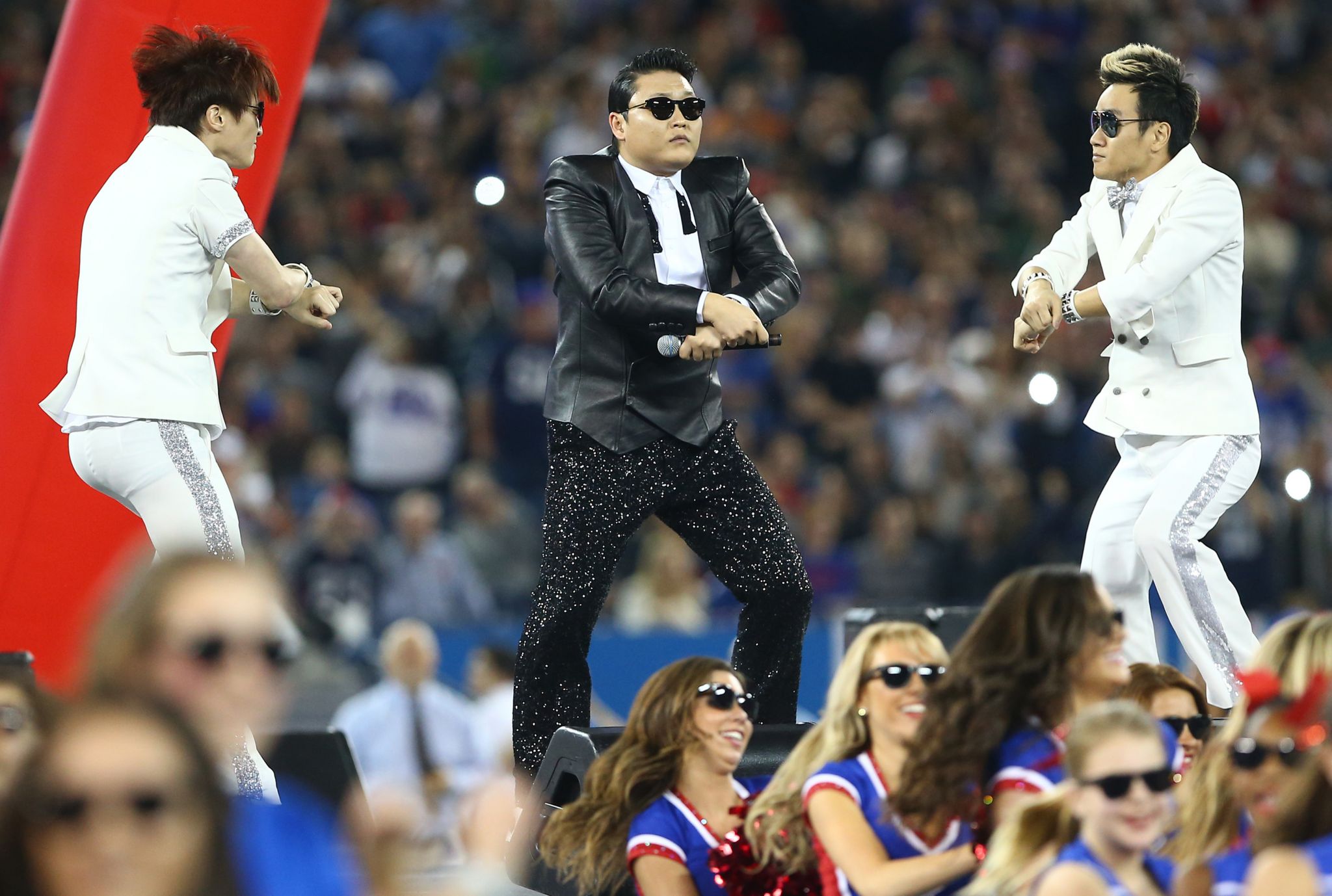 PSY performs Gangnam Style at a Buffalo Bills NFL game in December 2012