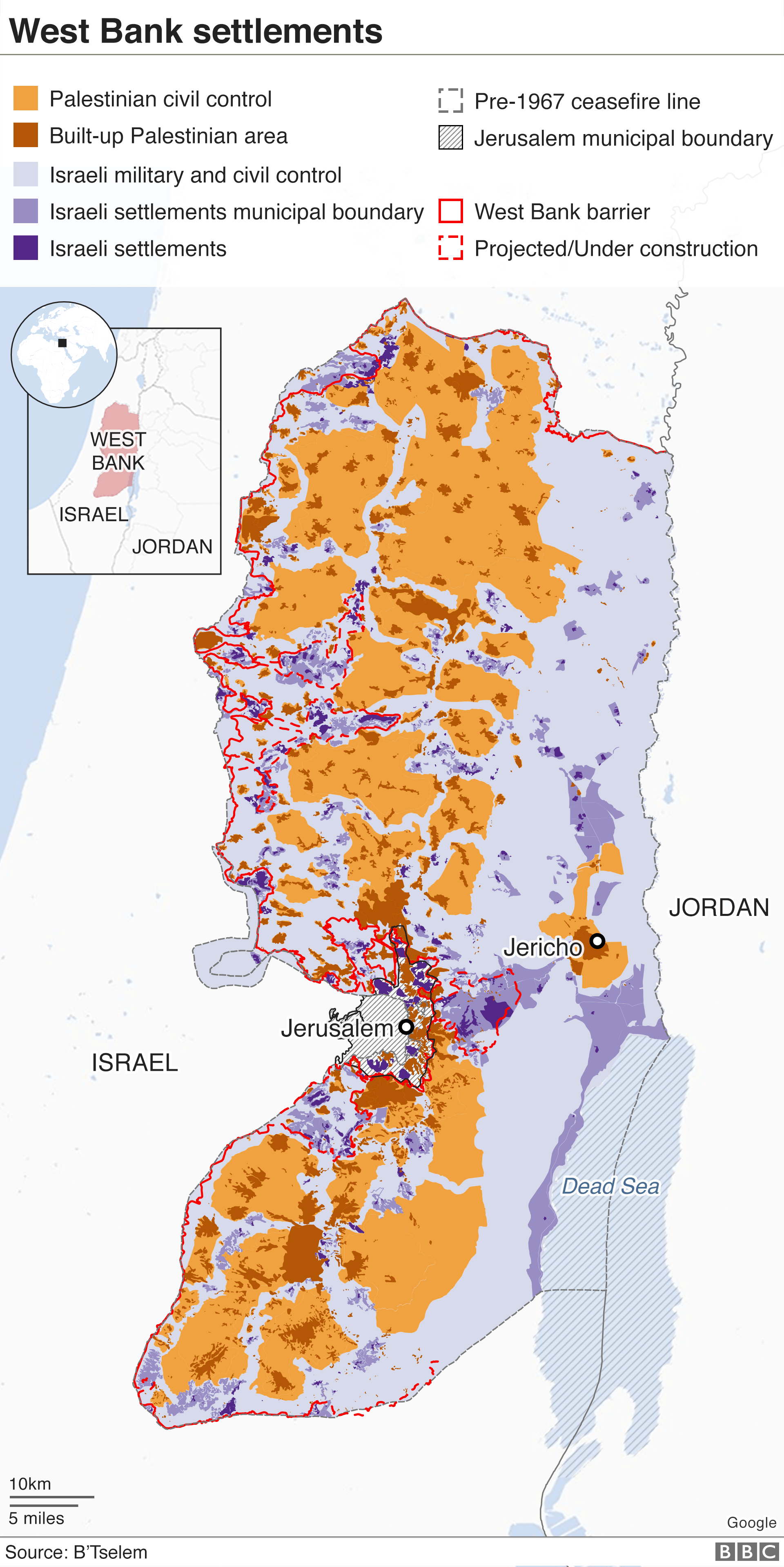 Map of settlements in the West Bank