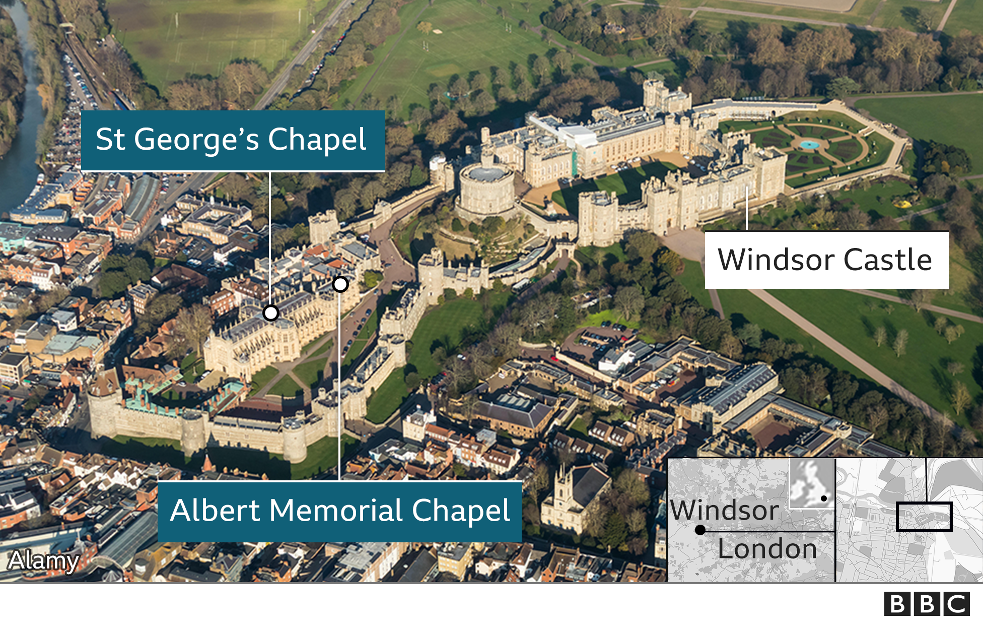 Aerial image of Windsor showing the castle and chapels