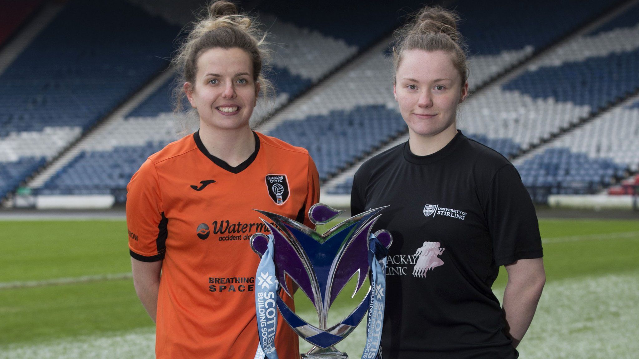 Glasgow City's Hayley Lauder and University of Stirling's Chloe Logan at Hampden to promote the new SWPL season